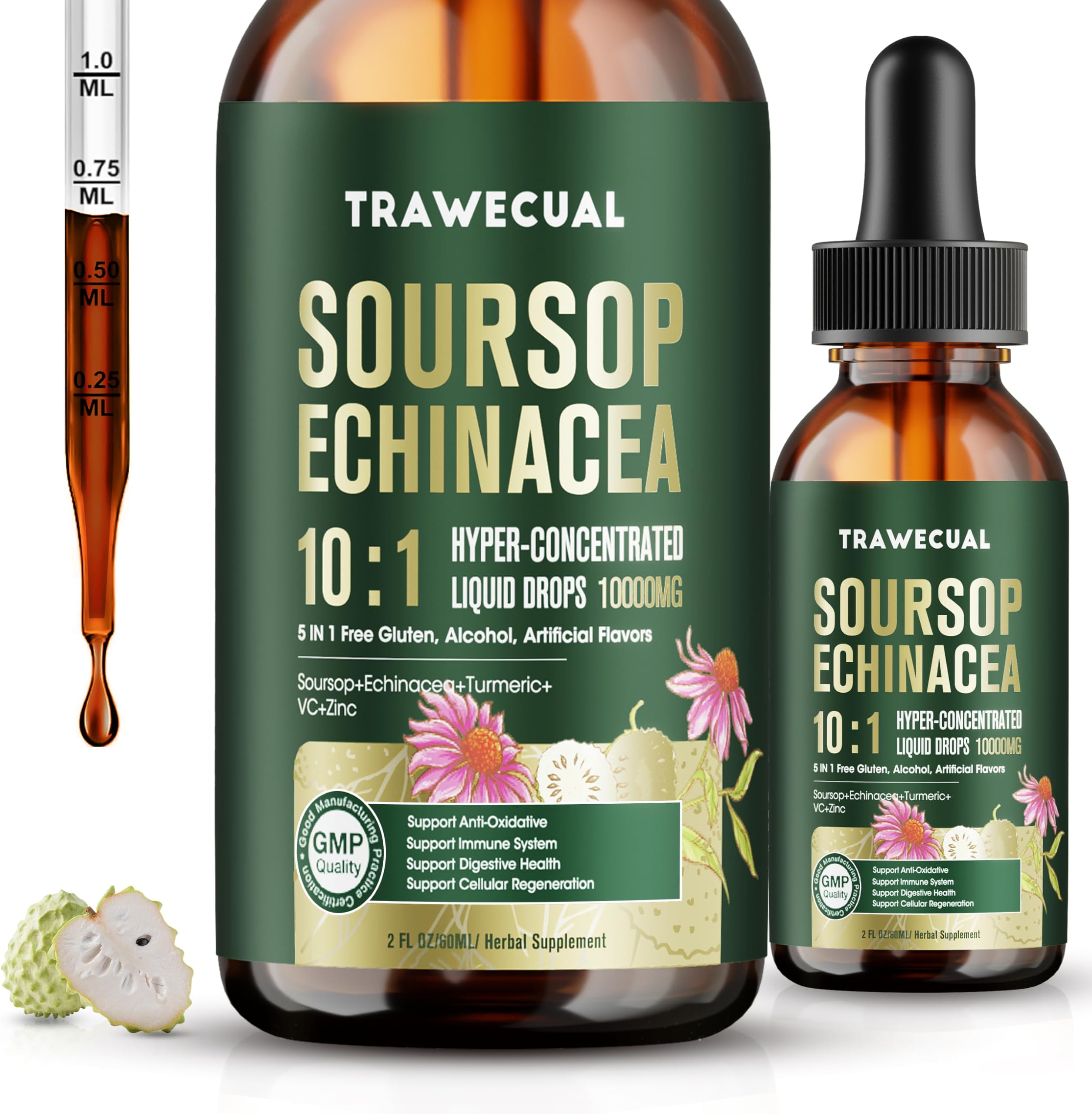 Soursop Bitters Liquid - Soursop Leaves & Fruit, Echinacea, Vitamin C, Turmeric, Zinc -10X Concentrated for Immune Support, Digestive Health, Antioxidant & Cell Support, 2 FL OZ