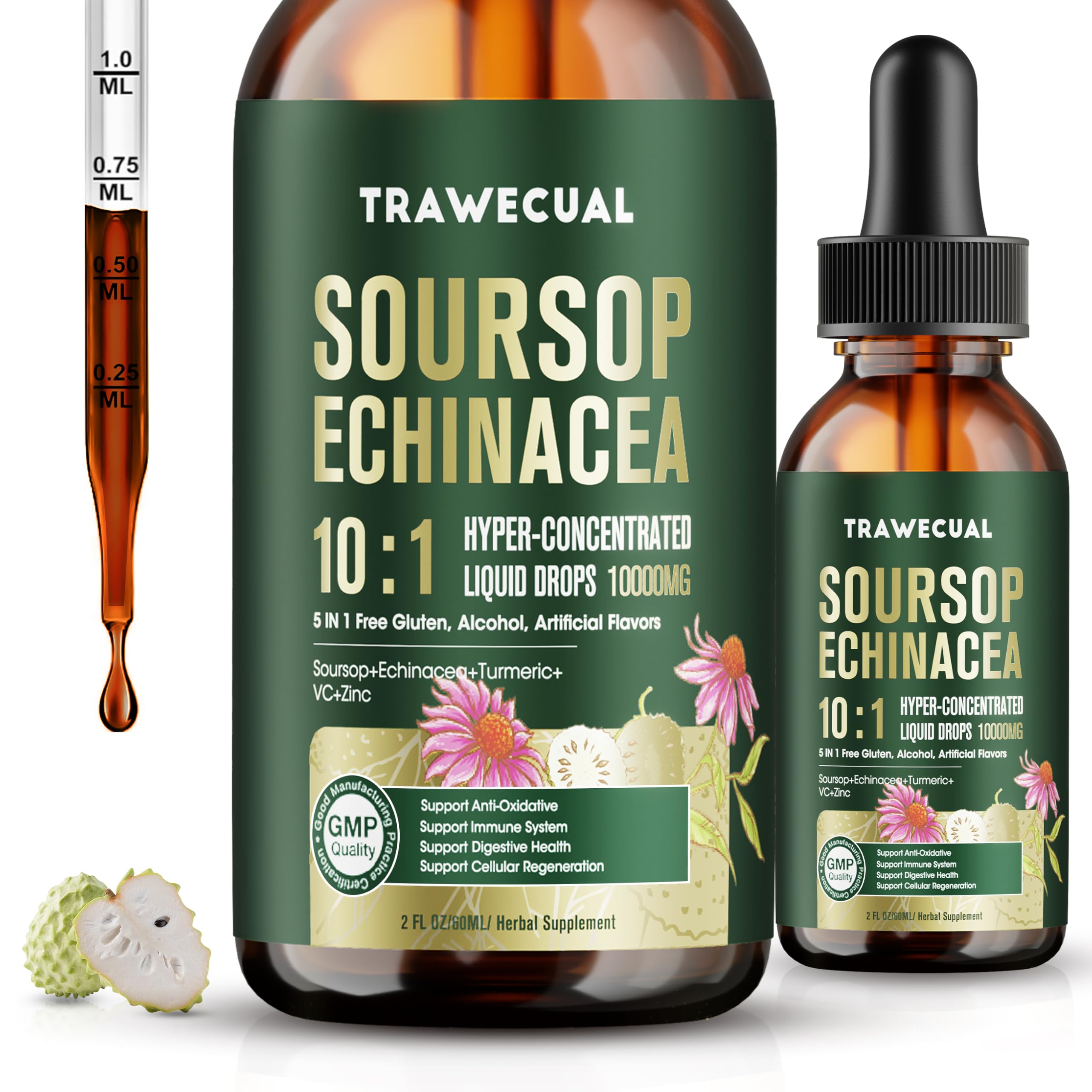Soursop Graviola Liquid Drops – 5 in 1 with Echinacea, Turmeric, VC, Zinc, 10:1 Concentrate Soursop Bitters for Immune Support, Cellular Health and Antioxidant Support