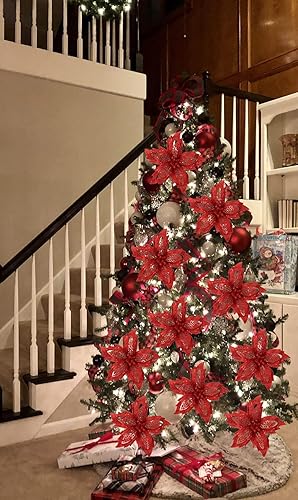 Miniatura 4 de Briful 3 piezas de flores de pascua con purpurina de Navidad, 3 cabezas, grandes flores artificiales de clivia floral de 24 pulgadas de largo para