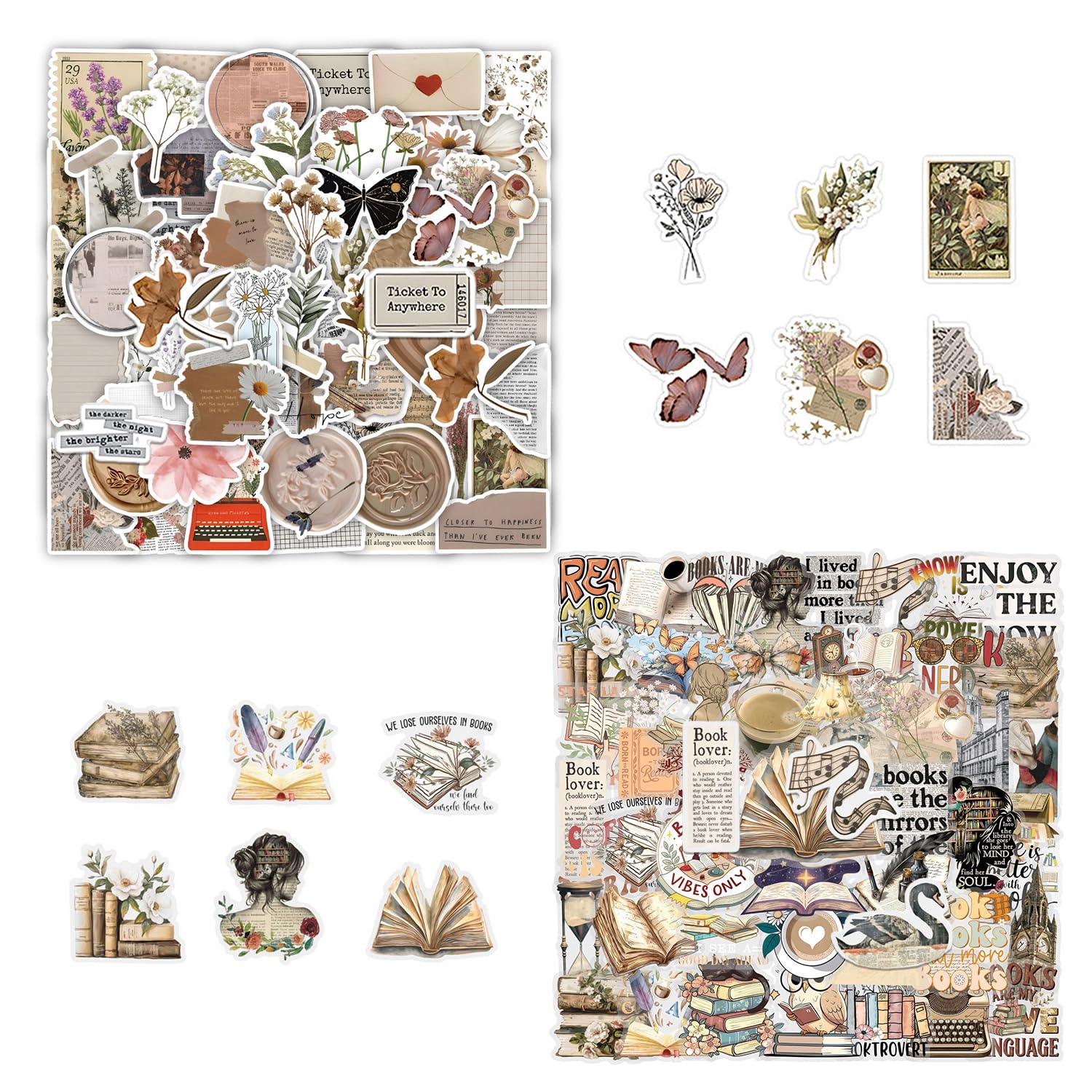 110 Retro Graffiti Sticker Sets, Reading-Related Elements, Creative Decoration Materials, Suitable for Notebook DIY, Mobile Phone Case Beautification.