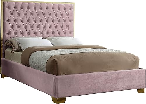 Vista 20 de Meridian Furniture Colección Lana Modern Cama tapizada de terciopelo contemporáneo con acolchado profundo detallado y patas doradas, tamaño Verde