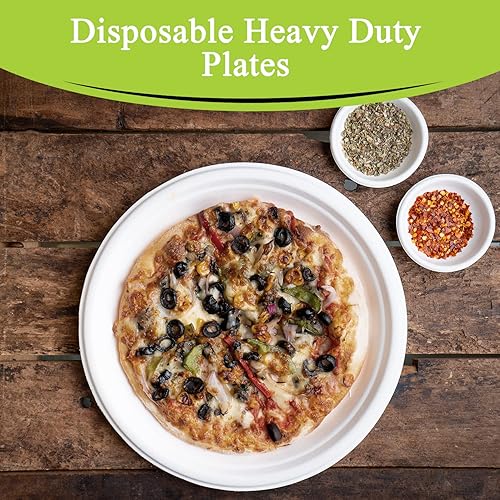 Miniatura 6 de three leaf Plato redondo de bagazo de 10 pulgadas, 25 unidades, platos de bagazo desechables, resistentes, súper fuertes, naturales y ecológicos,