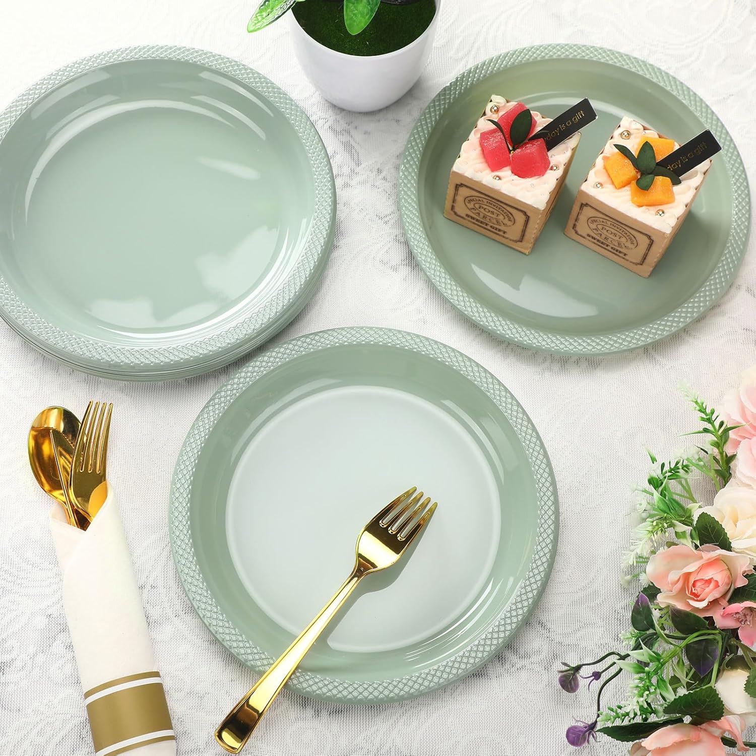 Dandat 72 Pcs Sage Green Plastic Plates 9 Inch Disposable Green Sage Supplies Round Dinner Dessert Plates for Birthday Wedding Bridal Shower Baby Shower Graduation Party