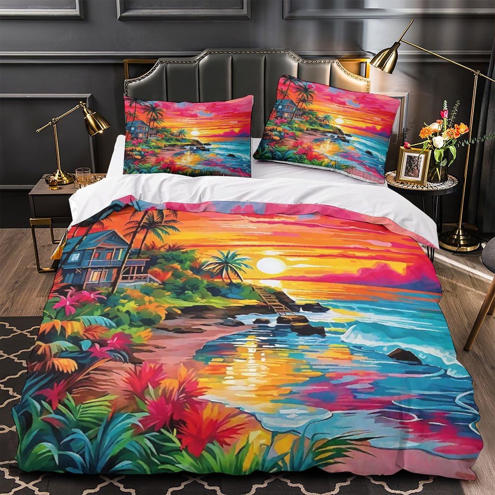 Housse de couette mer 260x220 cm avec taies d'oreiller en microfibre pour lit Super King