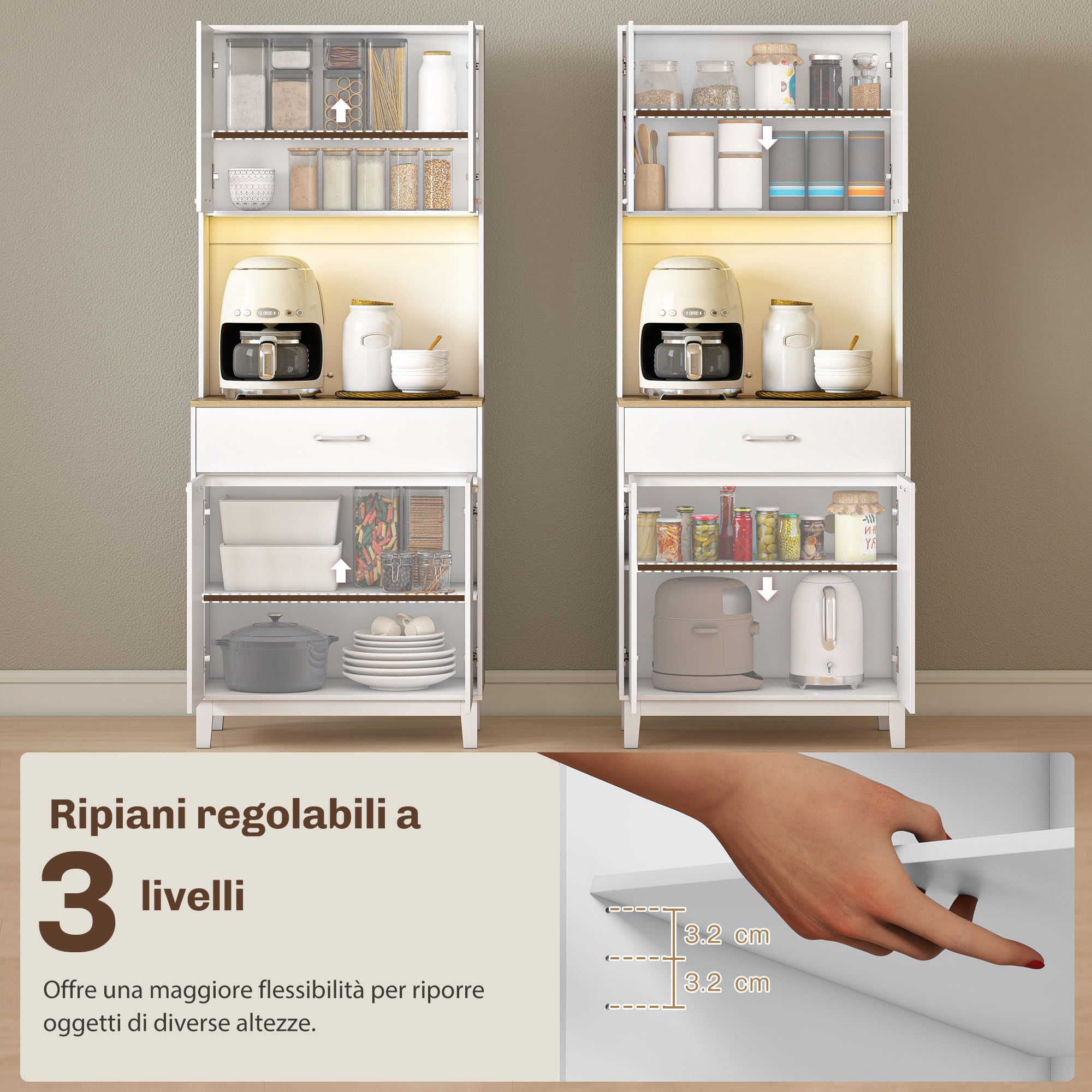 HOMCOM Credenza Cucina, Mobile Dispensa con Luci LED e Stazione di Ricarica con USB, Mobile Cucina con 2 Armadietti, Cassetto, Ripiani Regolabili, per Sala da Pranzo, Soggiorno, 71x40x180 cm, Bianco