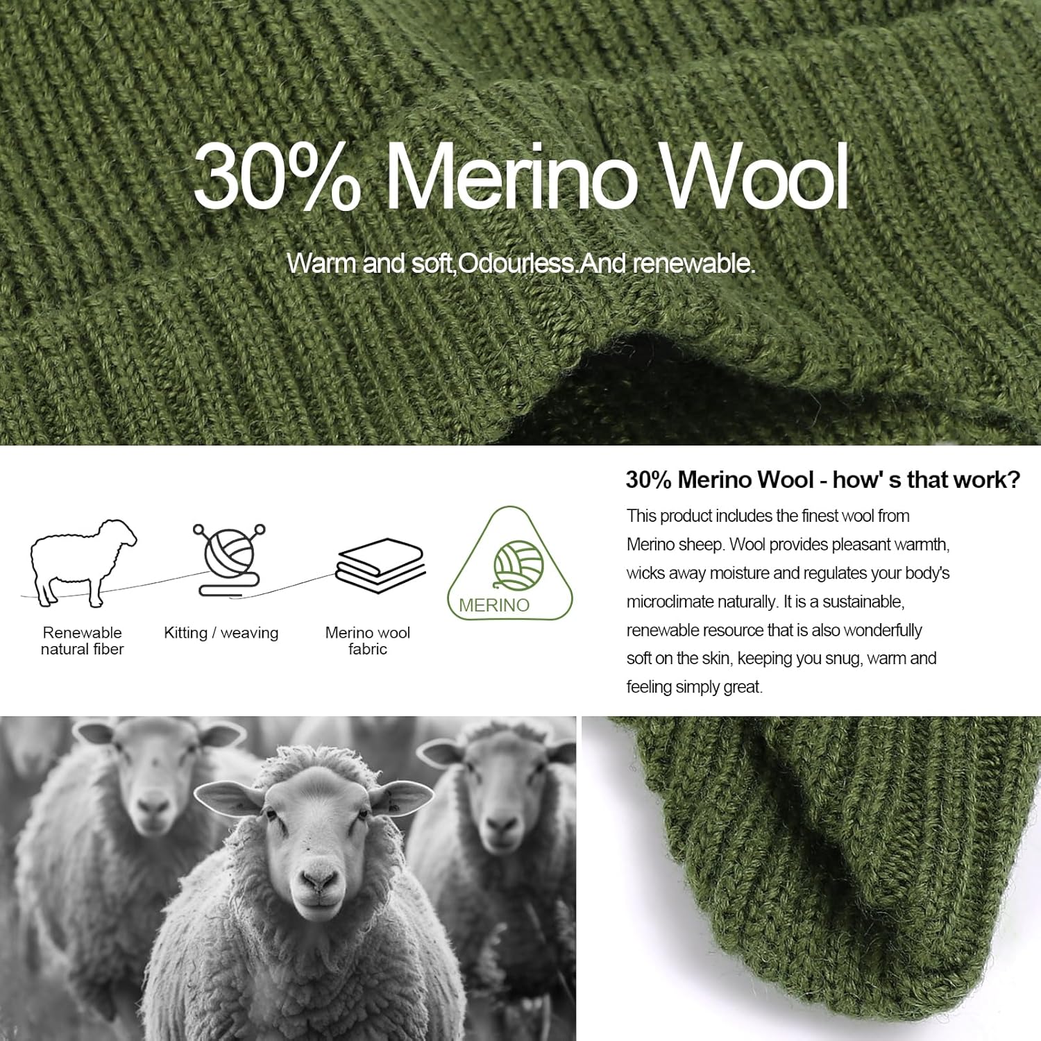 ZTL Merino Wool Waterproof Beanie Hat for Men & Women - Warm Fleece Lined Winter Hat with Ear Flaps, Thermal Knitted Ski Cap - Image 5