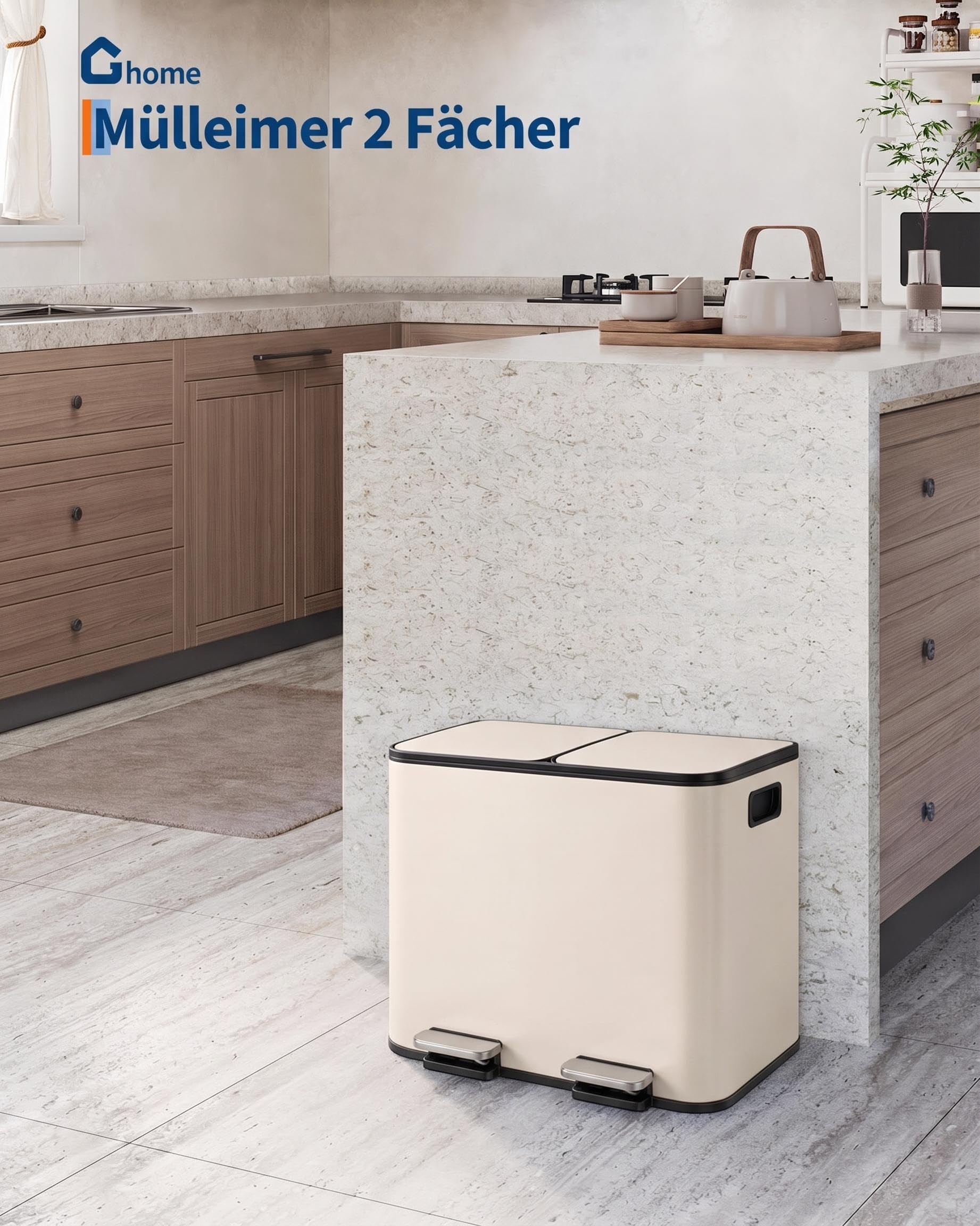 GarveeLife Doppelter Küchenabfalleimer 30L (2 x 15L) Edelstahl Tretmülleime | lose, Deckel, Separate Fu?pedale, Herausnehmbare Inneneimer, Geruchsneutral, Platzsparend, Beige