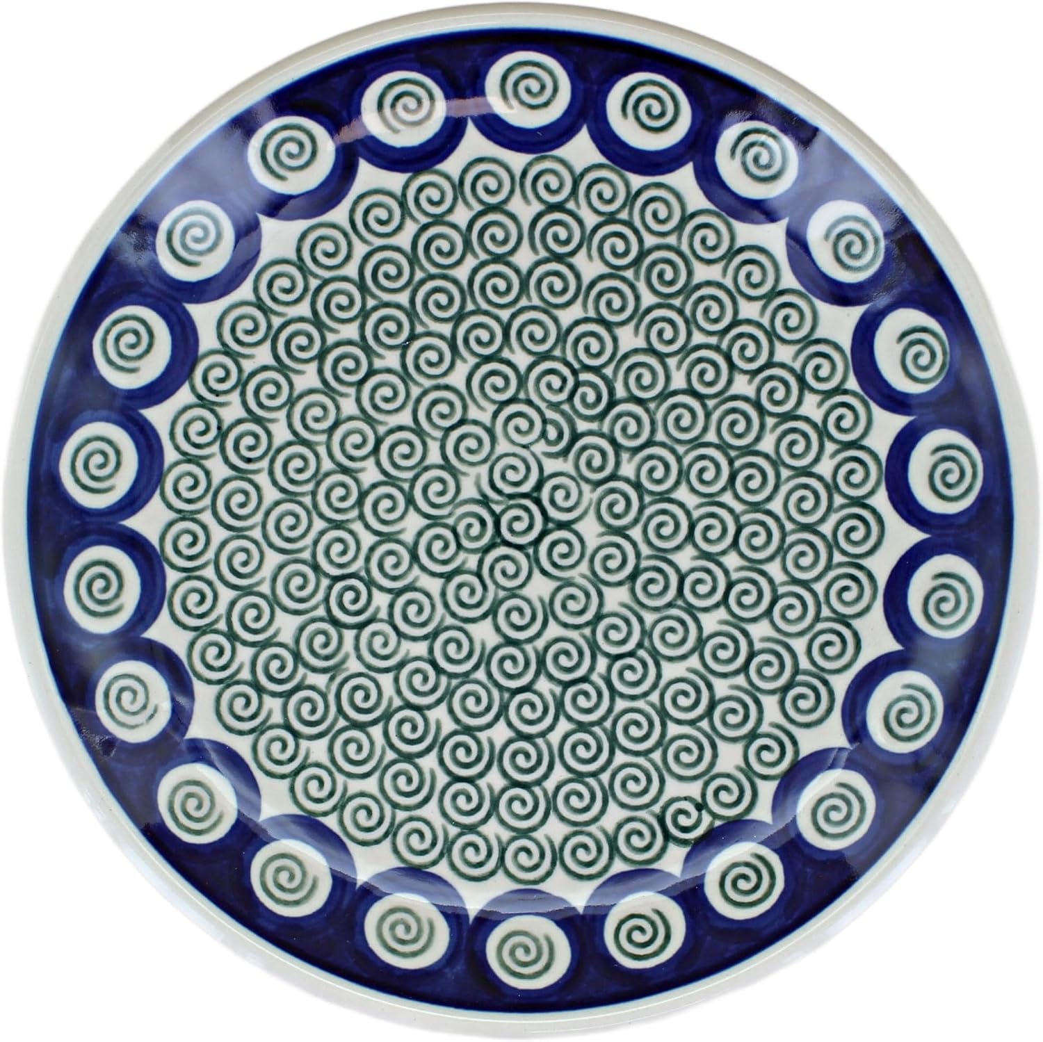 Blue Rose Polish Pottery - Green Peacock Swirl Dessert Plate - 7.75" Diameter - Beautiful Plate for Cake, Appetizers, or Snacks