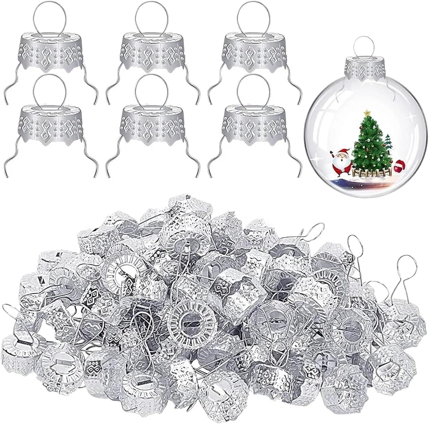 Ornament Caps 400 Pcs Round Christmas Ball Caps Removable Metal Balls Replacement Cover Xmas Tree Hanging Ropes DIY Home Party(Silver)