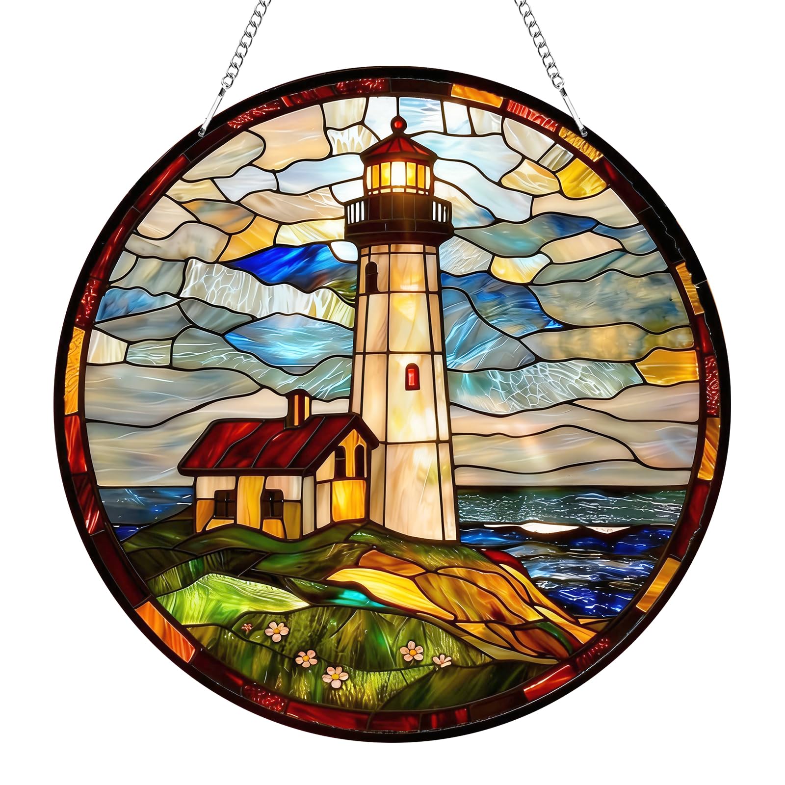 Lighthouse Suncatcher, 20x20cm Acrylic Stained Glass with Chain, Round Sun Catchers for Windows, Hanging Garden Ornaments for Indoor and Outdoor, Unique Home Decor Gift