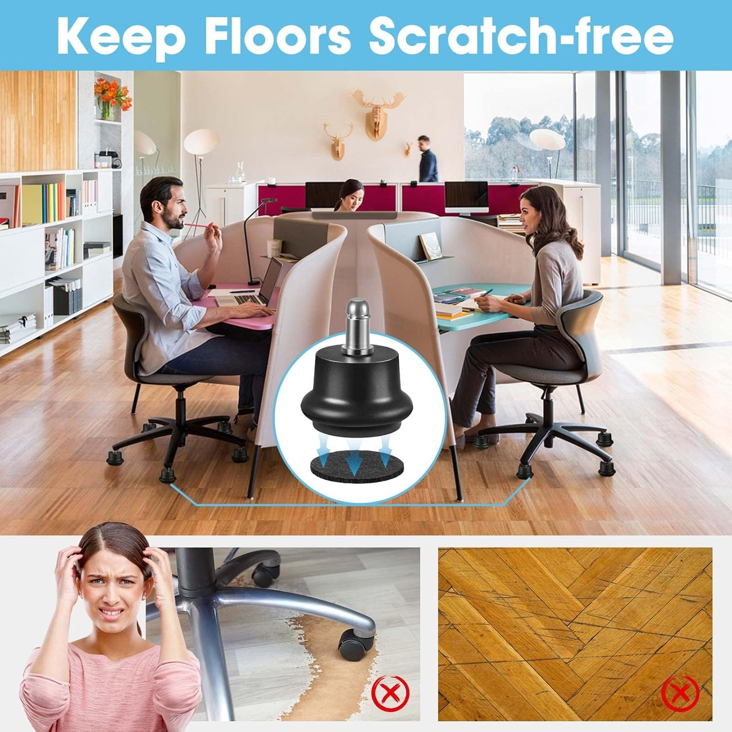 Bell Glides Replacement Office Chair, Caster Wheels Stopper Chair Feet with Separate Self Adhesive Felt Pads, Wheel for Carpet (Short Fixed Feet-15PCS)