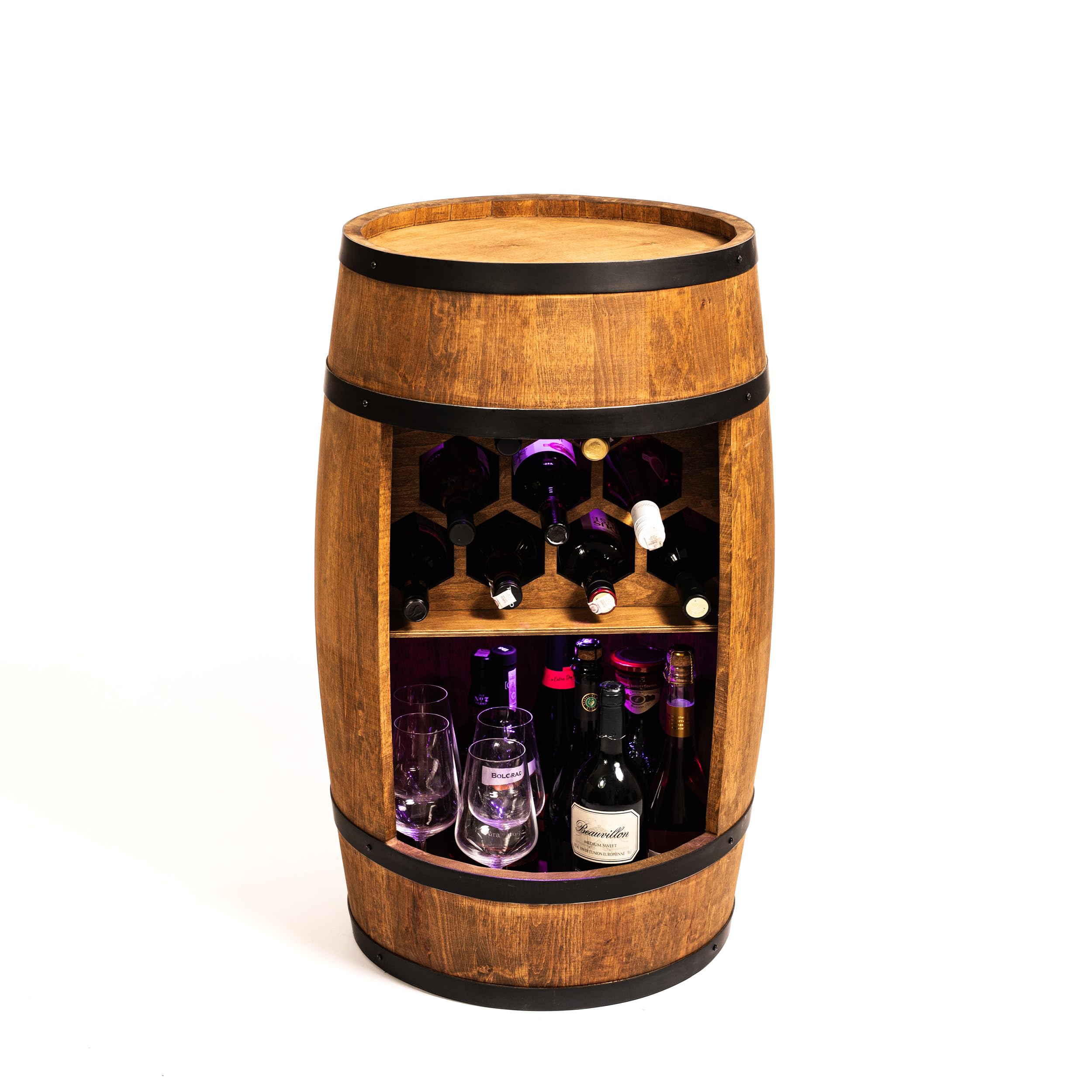 CREATIVE COOPER Weinregal - Weinschrank Mini Bar - Alkohol Schrank mit LED - Weinbar - Weinfass - Fassbar - Barschrank - 80cm hoch - Retro Regal - Fassmöbel (wenge)