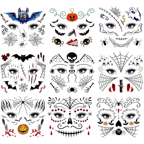 Tatuajes faciales para cicatrices de araña, 9 hojas, máscara de telaraña, broma, calcomanías temporales, tatuajes realistas para niños, niñas,