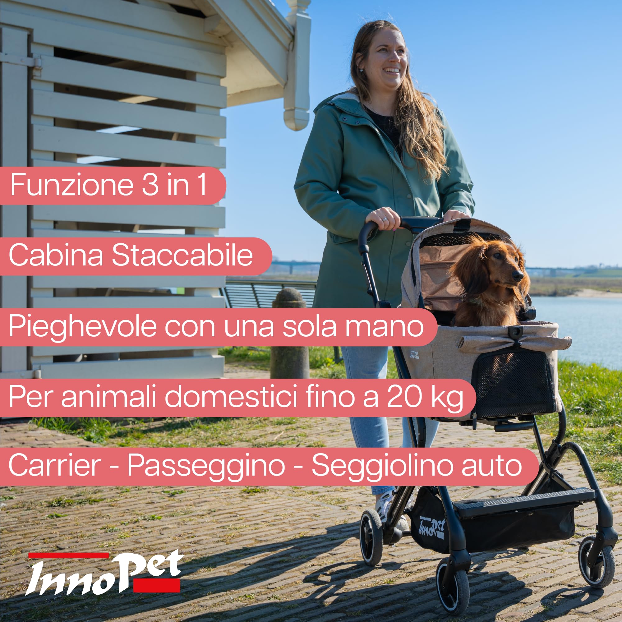 Passeggino compatto per animali Innopet Nomad - Passeggino pieghevole e leggero per cani e gatti fino a 20 kg - Trasportino per animali, seggiolino auto e passeggino 3in1