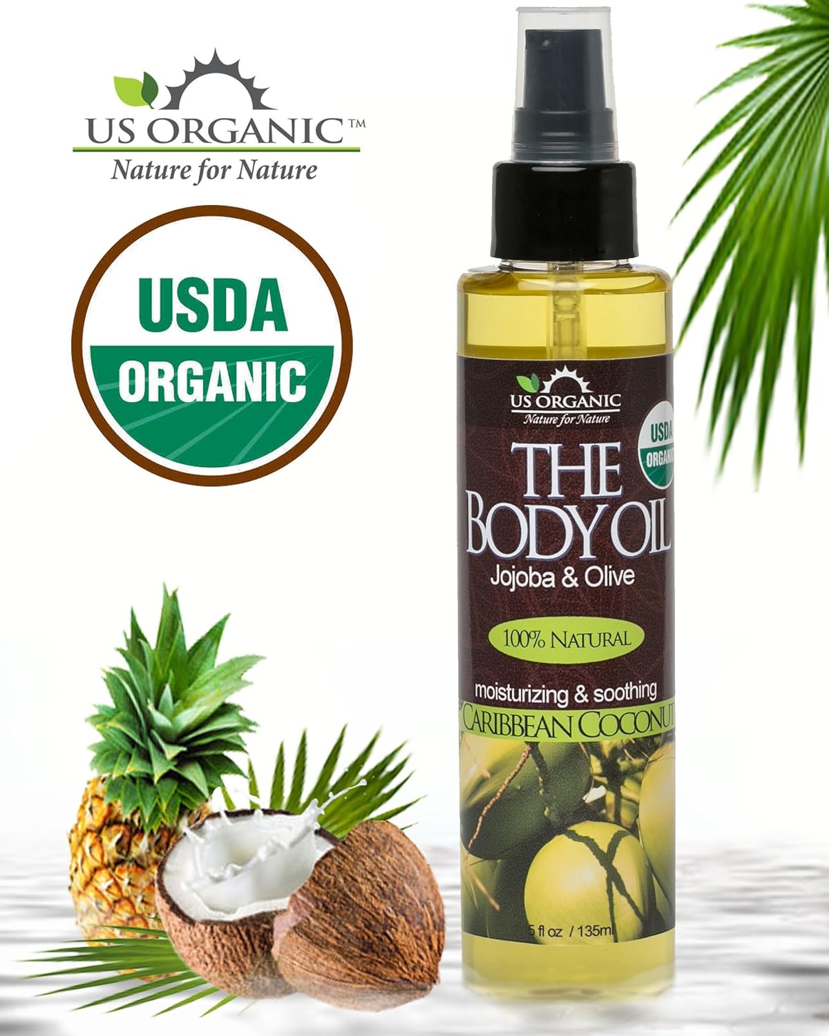 US Organic Body Oil-Blend of Jojoba and Olive Oil with fragrance of Smooth Caribbean Coconut-Vitamin E, USDA Certified, No Alcohol, Paraben, Artificial Detergents, Color or Synthetic perfumes, 5 Fl.oz : Beauty & Personal Care