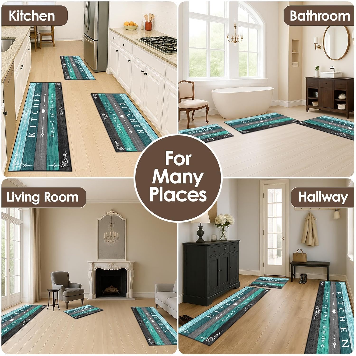 Turquoise Teal Grey Kitchen Rugs Sets of 3, Non Slip Washable Farmhouse Kitchen Mats for Floor, Wooden Vintage Rustic Area Runner Rug for Laundry Room and Hallway