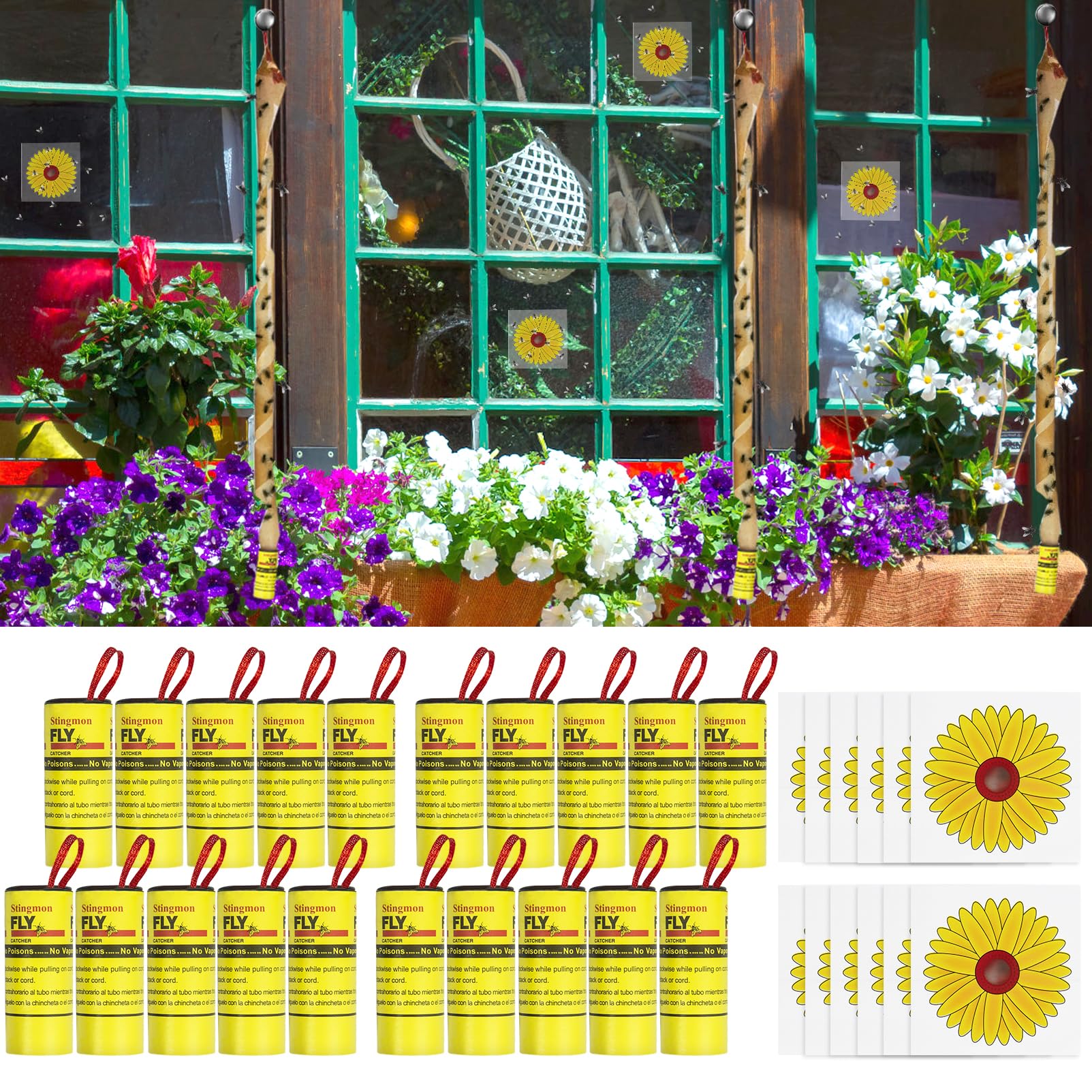 32 Pcs fly catcher Tape Sticky Paper, in Total 20X Fly Traps Strips and 12X Sunflower Catcher Window Sticker, Fly Killer Sticky for Home Use Indoor and Outdoor
