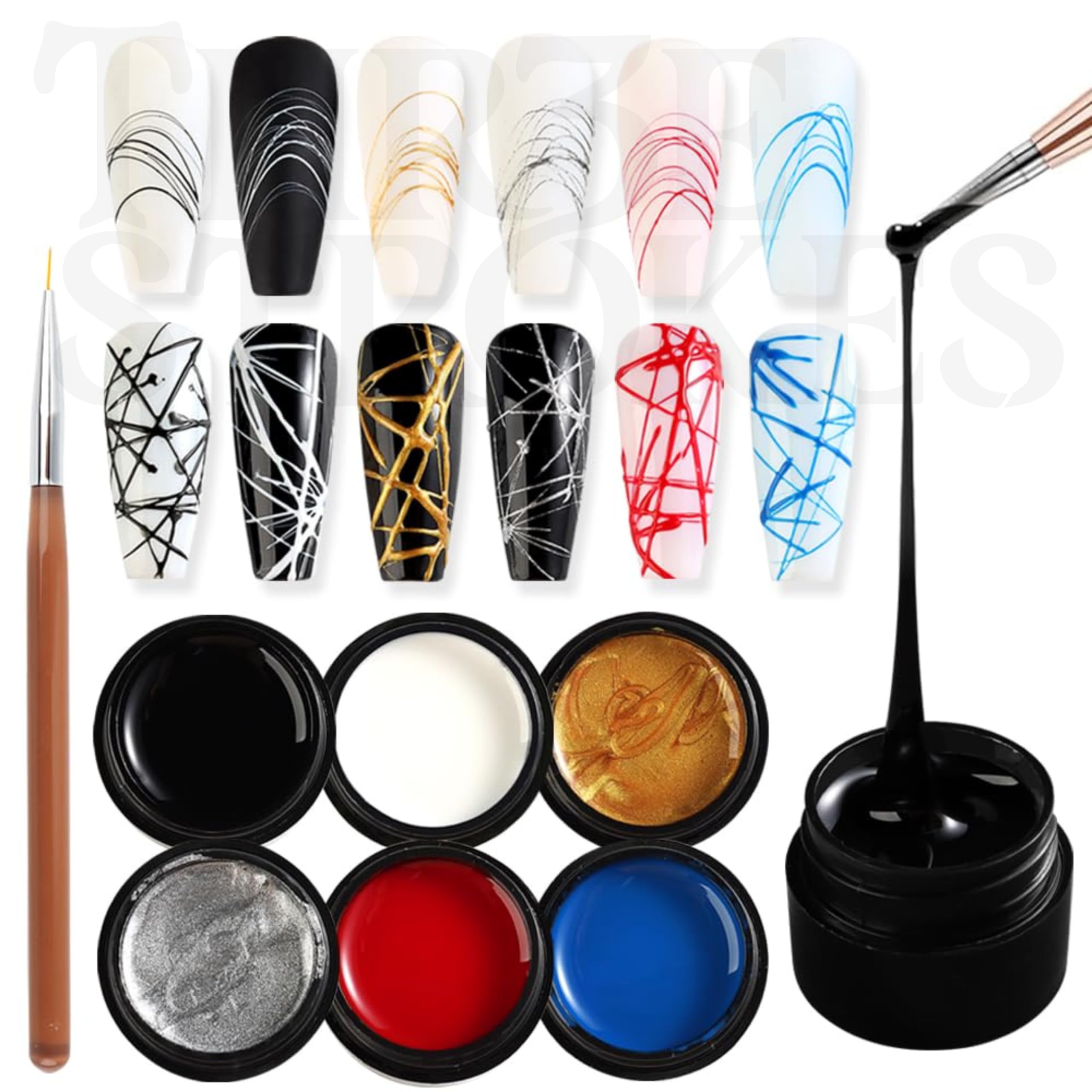 THR3E STROKES Spider Gel Set, Elastic Drawing Spider Gel with Nail Art Brush, 6 Classic Colors (Black, White, Gold, Silver, Red, Blue), DIY Nail Art, Long Lasting, UV/LED Cured-image-8