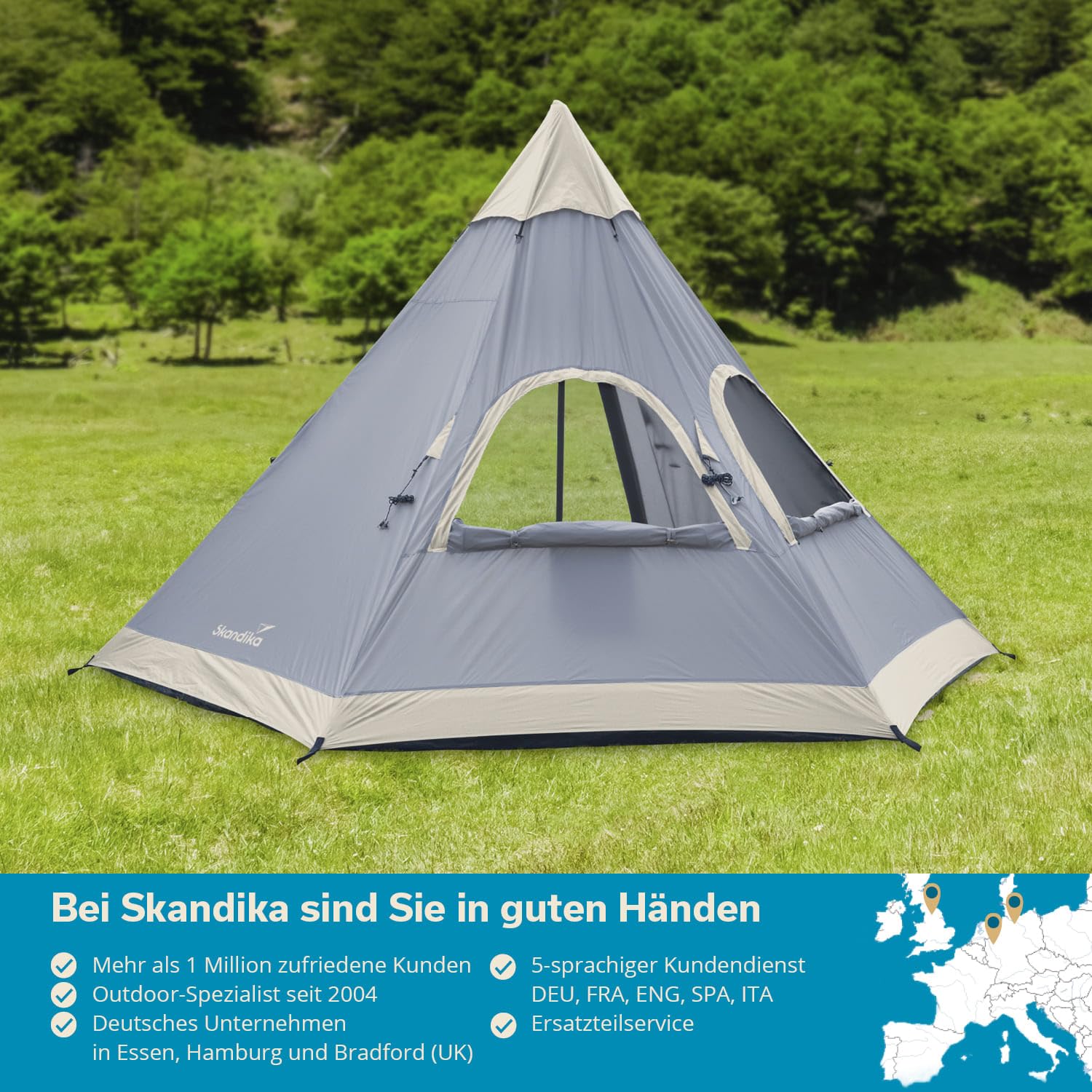 Skandika Tienda de campaña India Tipi Hetta | para 4-6 Personas, 2-3 m de Altura, Suelo Cosido, 3000 mm de Columna de Agua, UV 50+