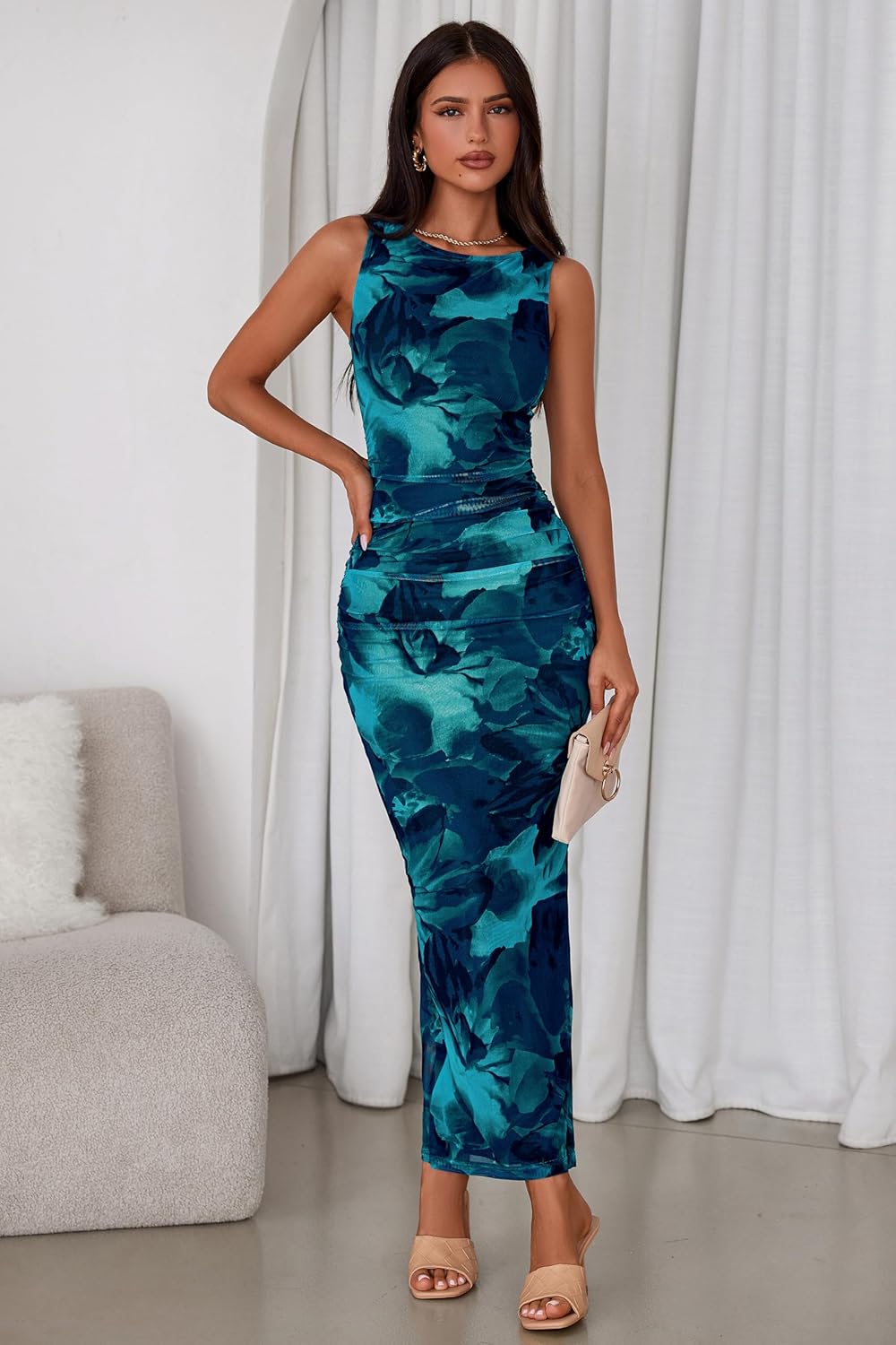 MASCOMODA Womens Bodycon Summer Dresses 2026 Sleeveless Floral Mesh Maxi Dress Side Slit Ruched Long Party Cocktail Dresses - Image 4