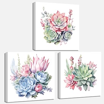 QIXIANG Succulent Plants Canvas Prints Wall Art - 3 Pieces Green, Blue, Pink Flower Watercolor Succulent Picture for Kitchen, Bathroom Decor 16.00" x 16.00" x 3Pcs