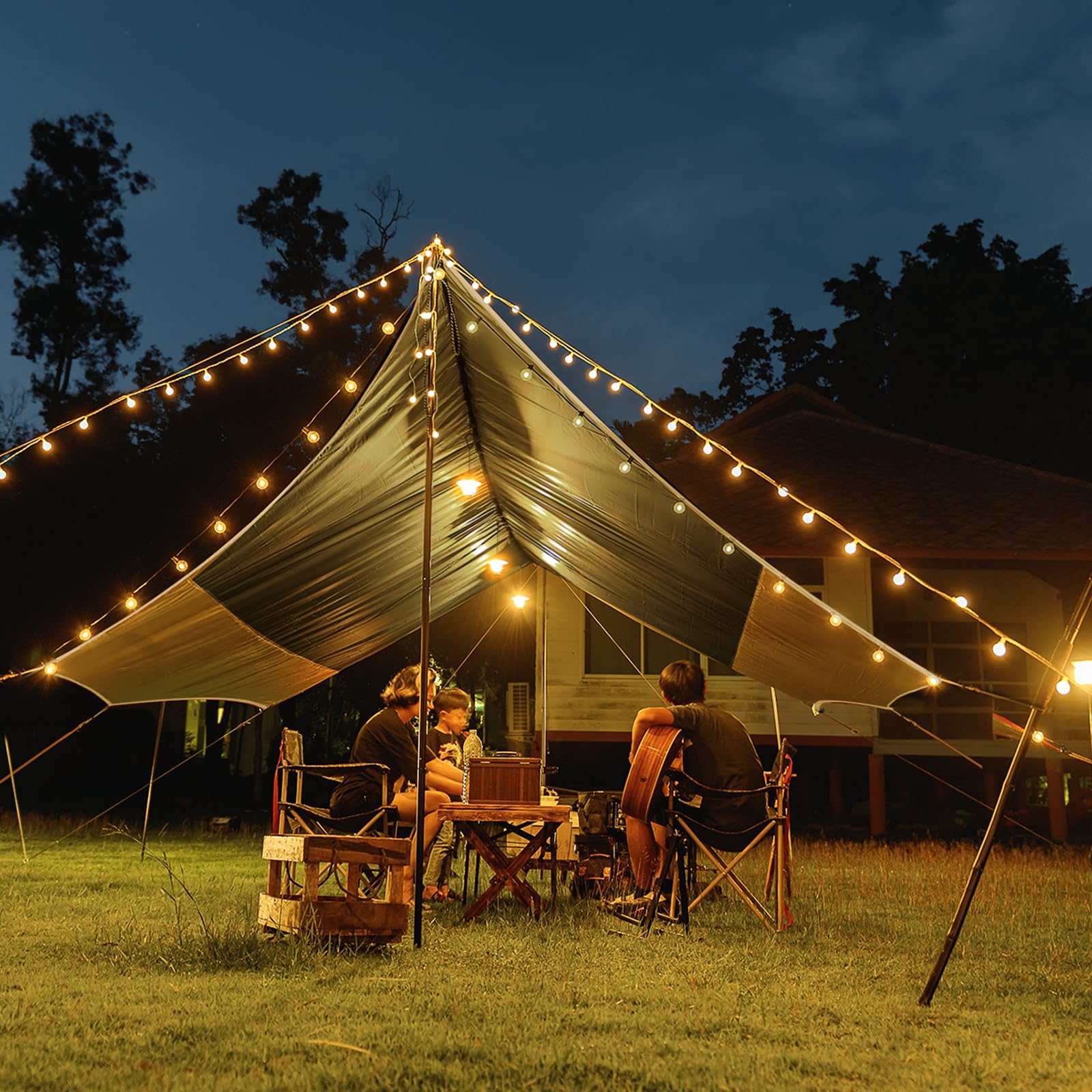 Toldo de Camping con 2 Postes, 3.7 x 4.3 m, toldo Impermeable PU2000+, UPF 50+, Revestimiento Plateado, Lona Impermeable con Ojales para Camping, mochileros, Senderismo