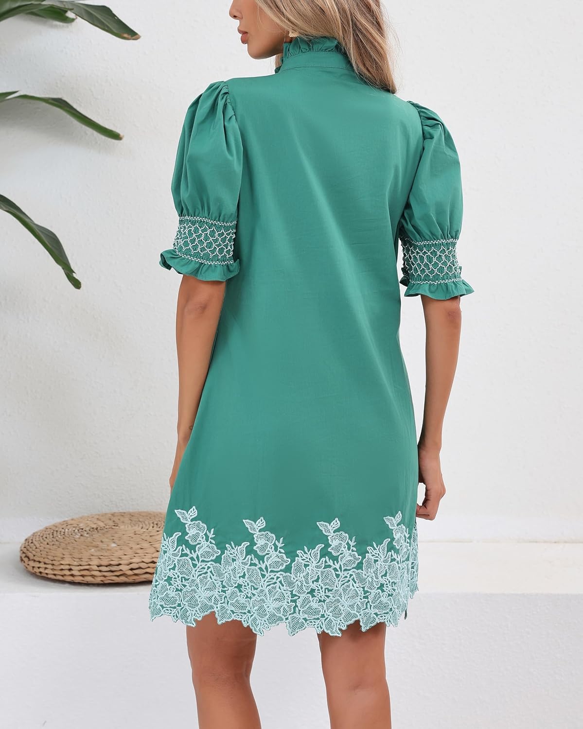 Women's Summer Embroidered Mini Dress Short Puff Sleeve Ruffle Collar Button Front Shift Dress - Image 4