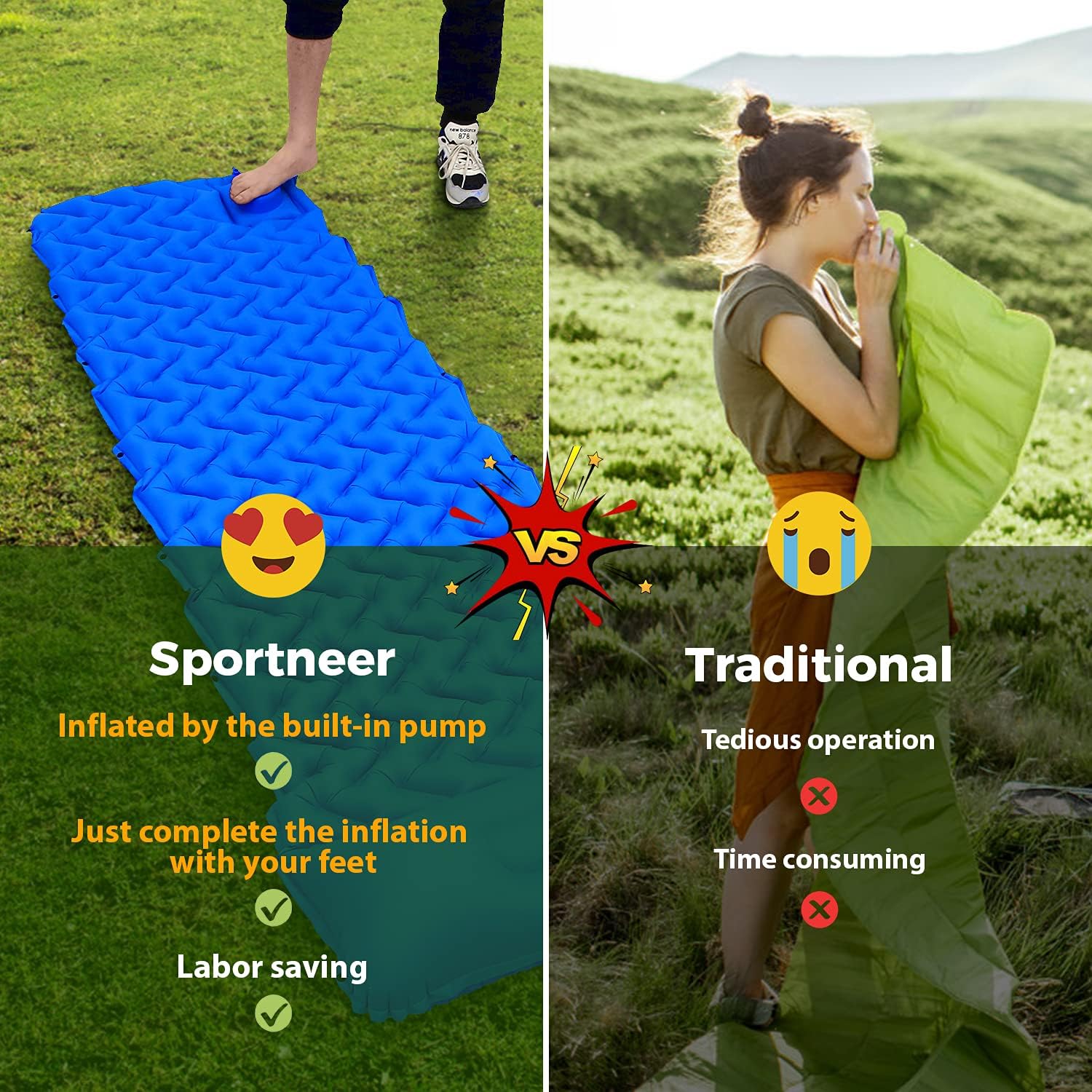 Sportneer Inflatable Sleeping Pad Built-in Pump, Camp Mat Pads Lightweight Compact Tent Air Mattress with Pillow for Camping, Backpacking, Hiking