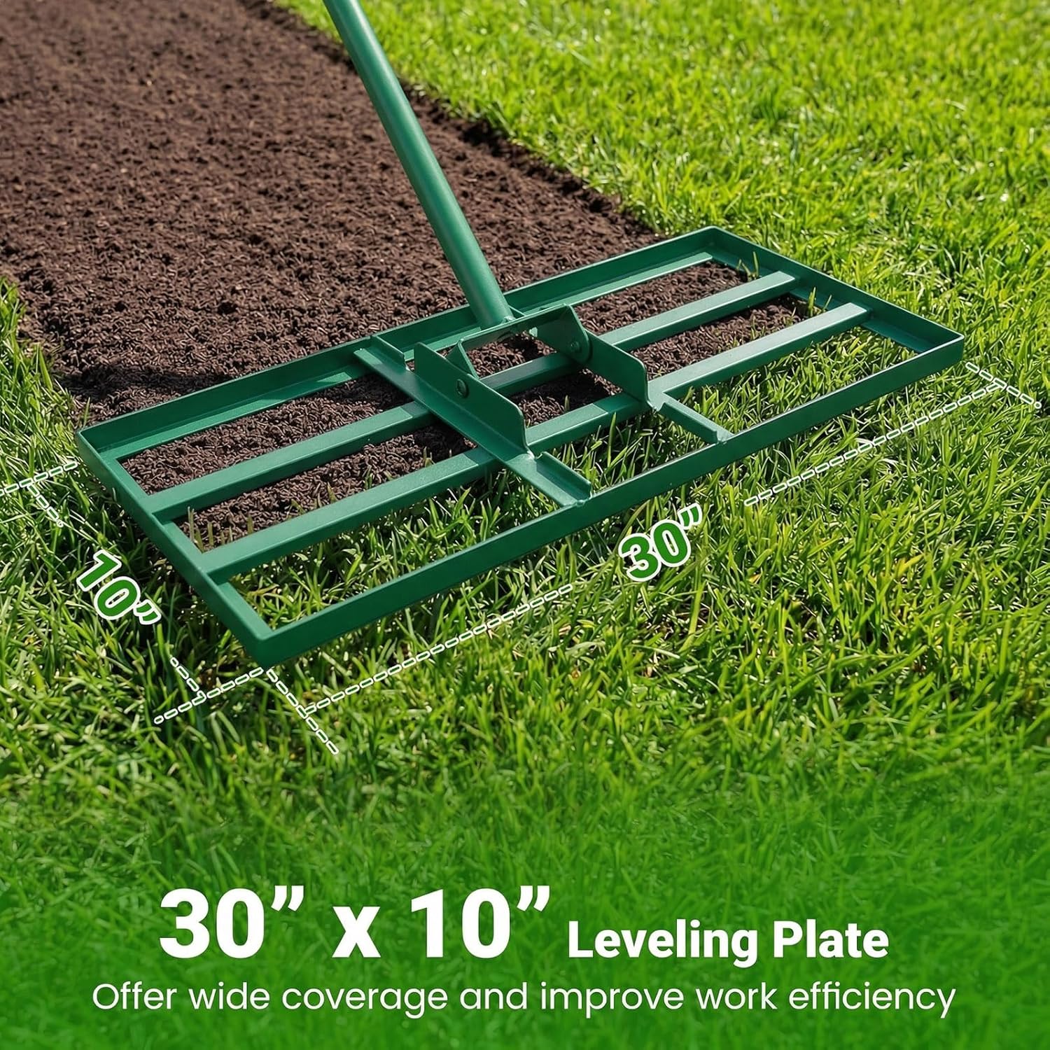 Goplus Lawn Leveling Rake, 30" x 10" Heavy Duty Level Lawn Tool w/ Ergonomic Handle for Soil, Effort-Saving Landscape Rake for Garden, Backyard, Golf Course, Farm, Pasture (Green)