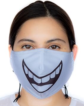 Comfymask 3 Layer Large Fabric Facemask Water Repellent, Washable, Breathable & Toggle Adjustable Face Mask Grey w/Smile