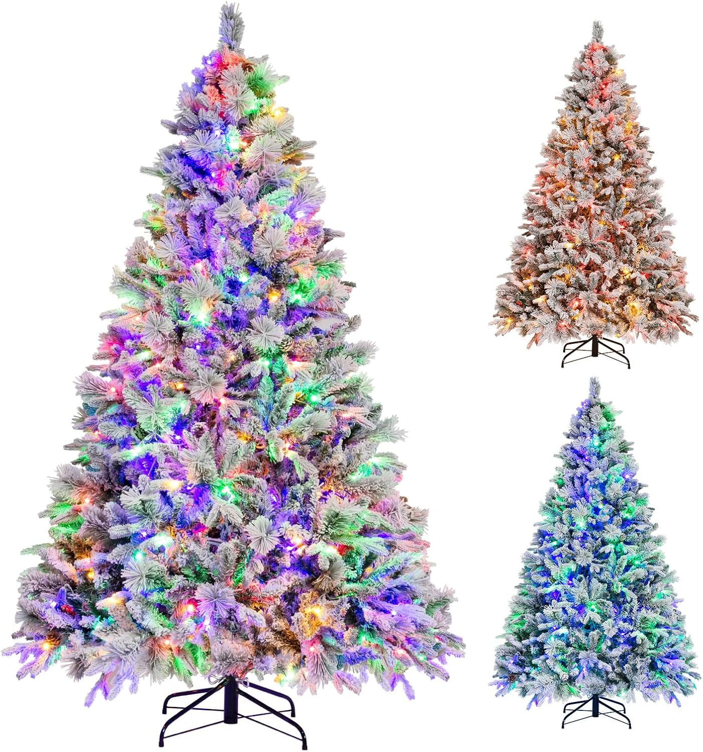 Goplus 7ft PreLit Snow Flocked Christmas Tree, Artificial Hinged Xmas Tree with 320