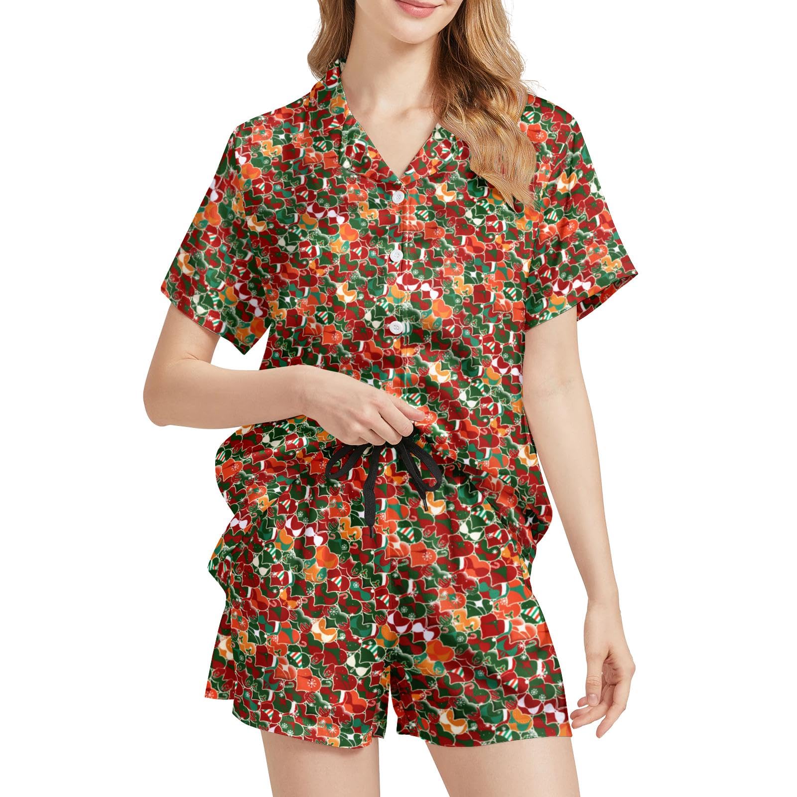 Funny Pajamas for Women Set Print Satin Loungewear Pjs Short Sleeve Button Down Top and Shorts Sets Sleepwear XS-3XL