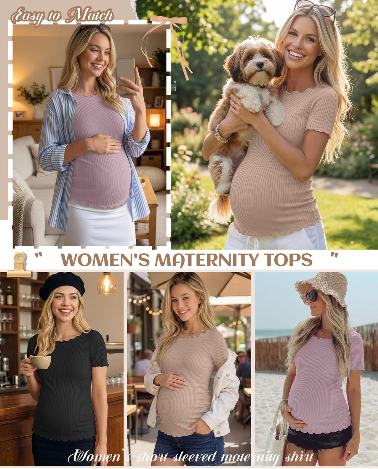 3 Pack Women's Maternity Shirt Short Sleeve Cotton T-Shirts Boat Neck Ribbed Tops Side Ruched Pregnancy Clothes - Image 2