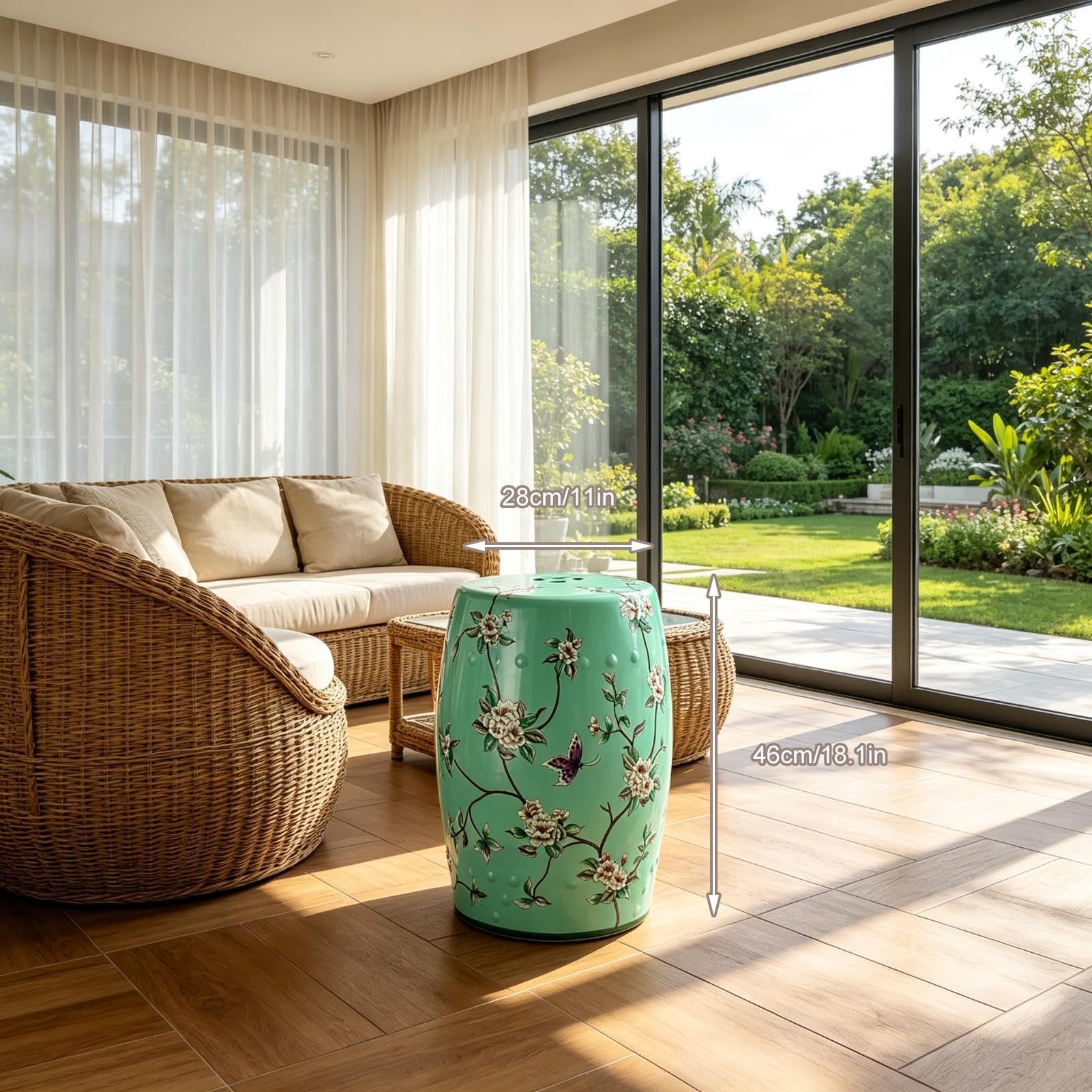 Ręcznie Malowany Ceramiczny Stołek Ogrodowy, Patio Na Świeżym Powietrzu I Dekoracje Wewnętrzne Chinoiserie Ceramiczny Stołek Do Perkusji Na Trawnik, Podwórko, Salon – Dekoracyjny Akcent(Green)