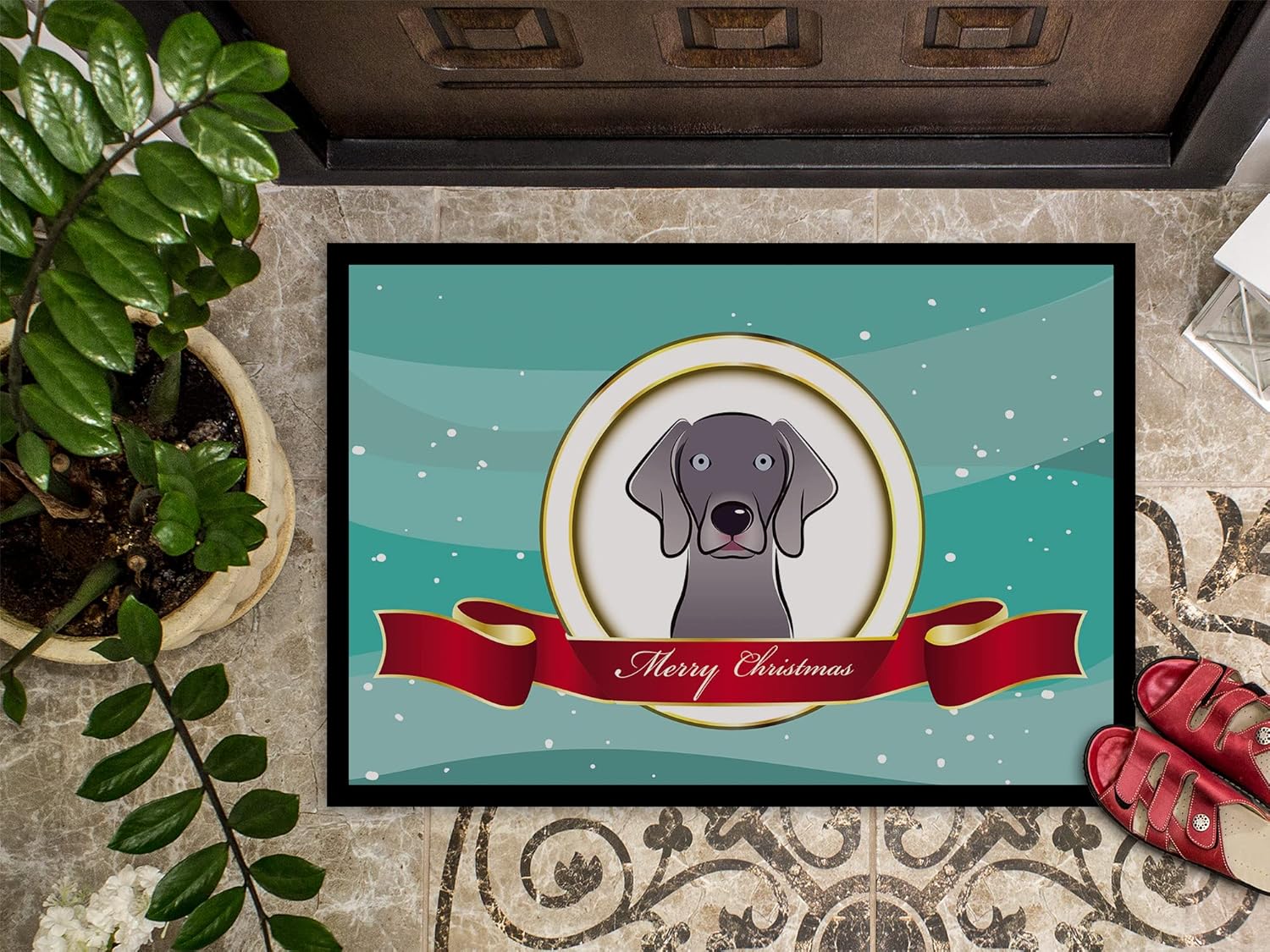 Caroline's Treasures BB1541MAT Weimaraner Merry Christmas Doormat 18x27 Front Door Mat Indoor Outdoor Rugs for Entryway, Non Slip Washable Low Pile, 18H X 27W