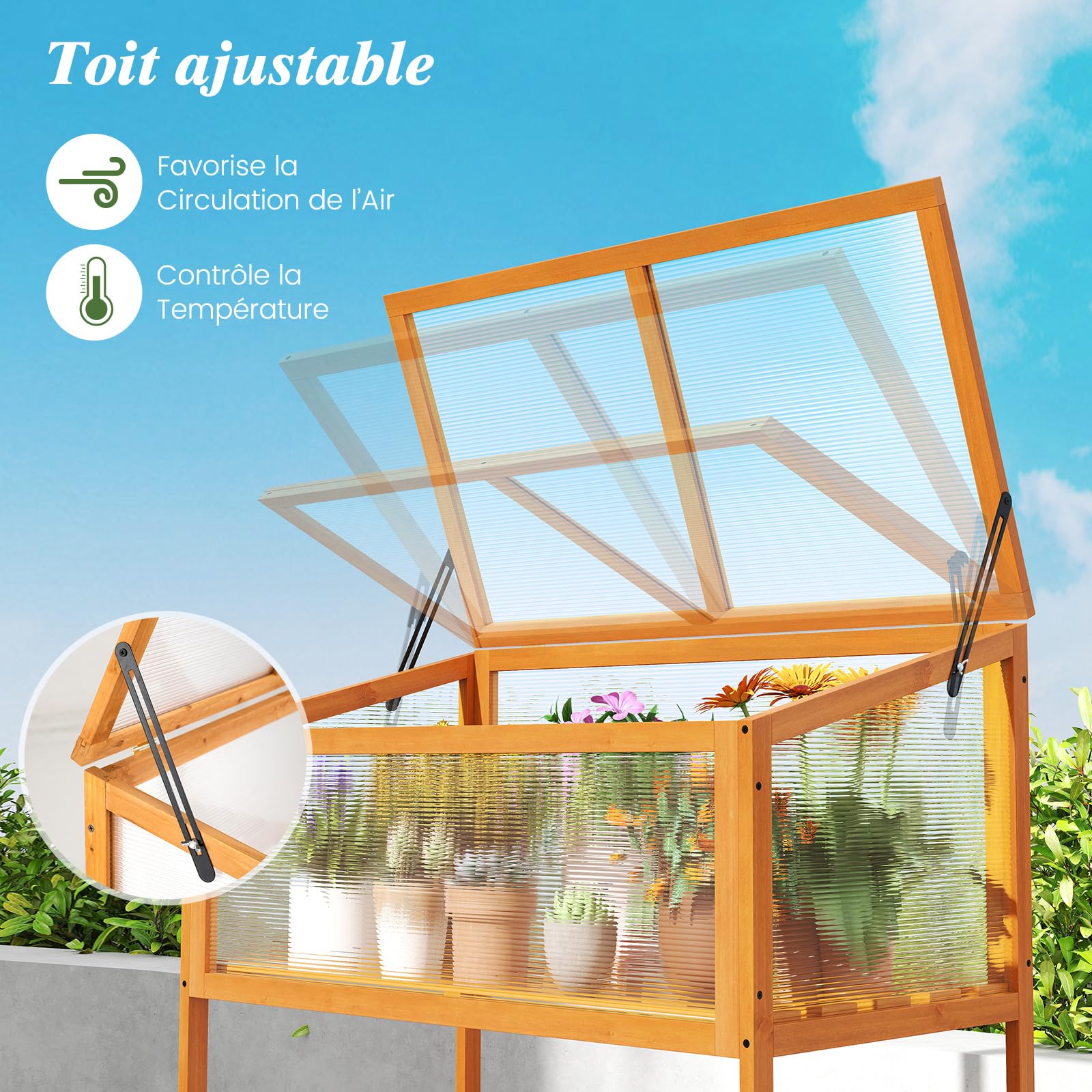 COSTWAY Serre de Jardin en Bois de Sapin, Serre Surélevée Extérieur avec Toit Transparent Ouvrant Étagère de Rangement à Lattes, Gain de Place pour Jardin Véranda Balcon, Orange (90 x 50,5 x 105 cm)