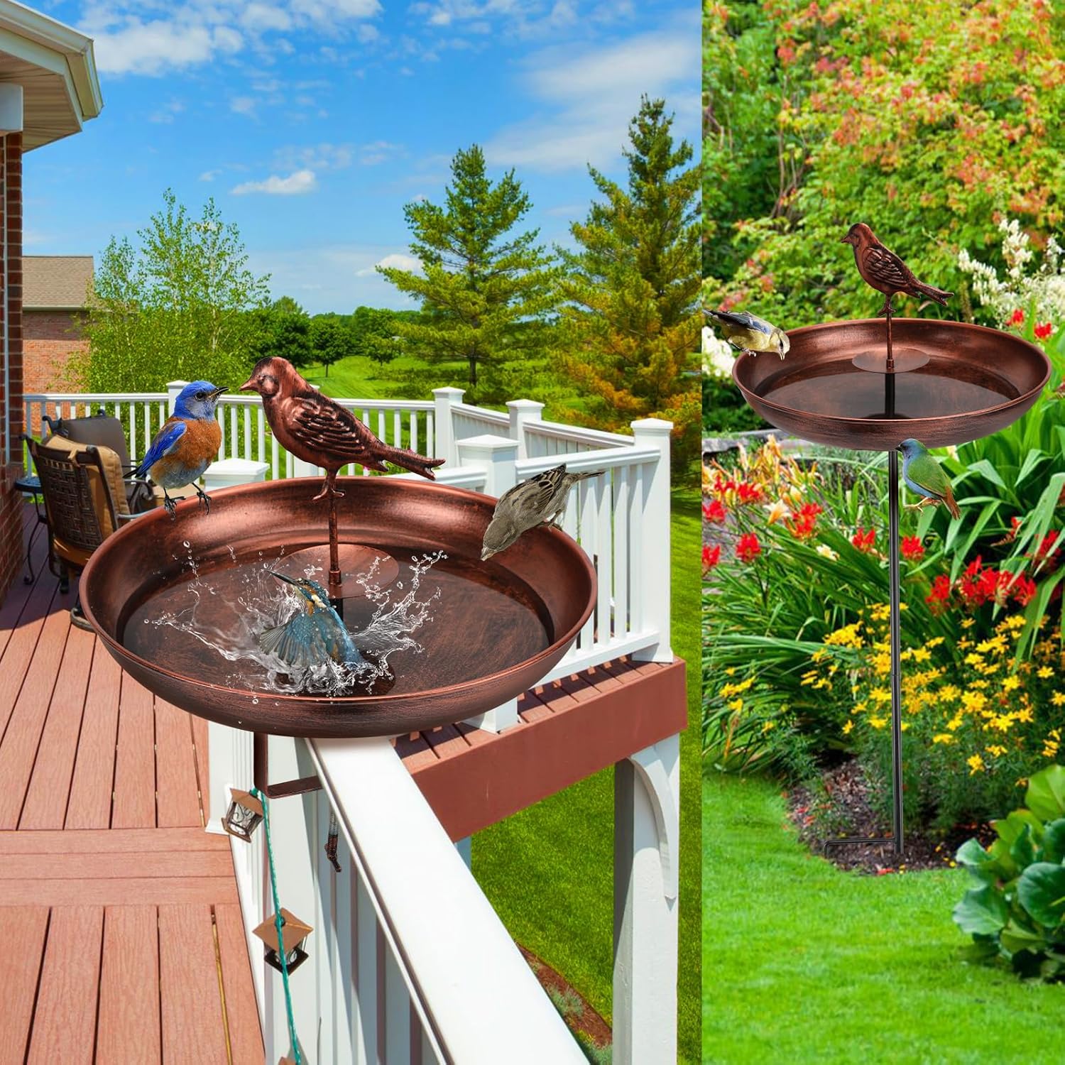 EAROND Bird Bath for Outside, Small Metal Birdbath & Birdfeeder with Metal Stake and