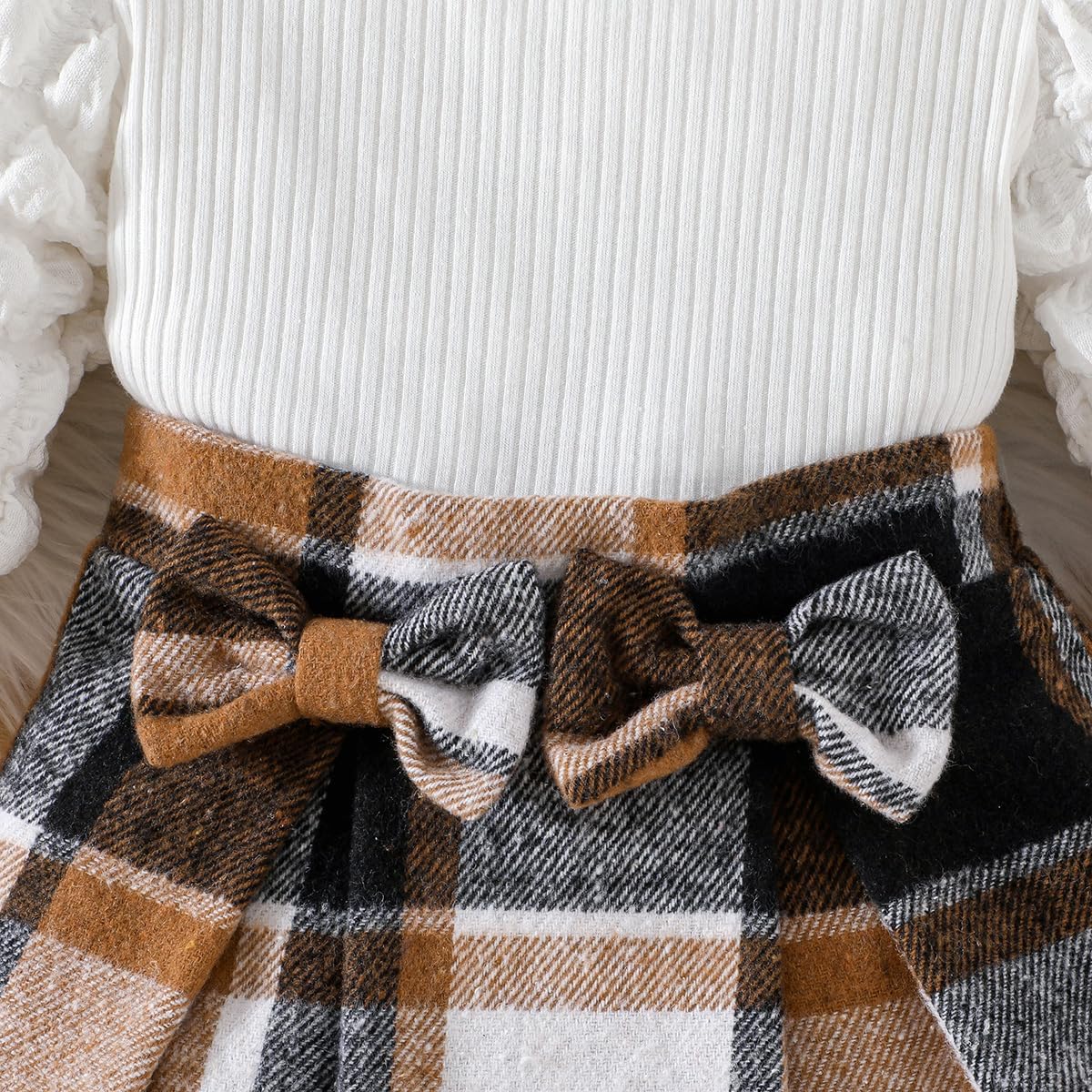 Toddler Baby Girl Plaid Dress Puff Sleeve Bow Patchwork Ribbed Shirts Dress Plaid Fall Winter Outfits with Headband - Image 6