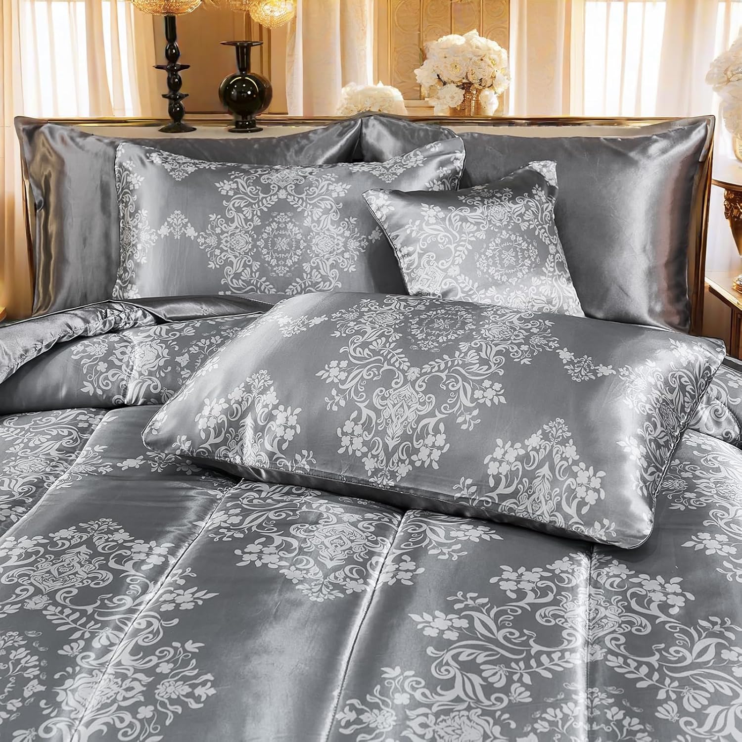 MOVE OVER 8 Pieces Gray Satin Comforter Set King Size Silk Like Satin Bed in a Bag Soft and Elegant Euro Floral Comforter Set with Sheet Set Boho Chic Flower Pattern Luxury Bedding Set