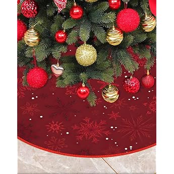 Mateju Round Christmas Tree Skirt 120 cm Red Christmas Tree Rug with Snowflake Pattern Christmas Tree Blanket Round for Christmas and New Year Decoration