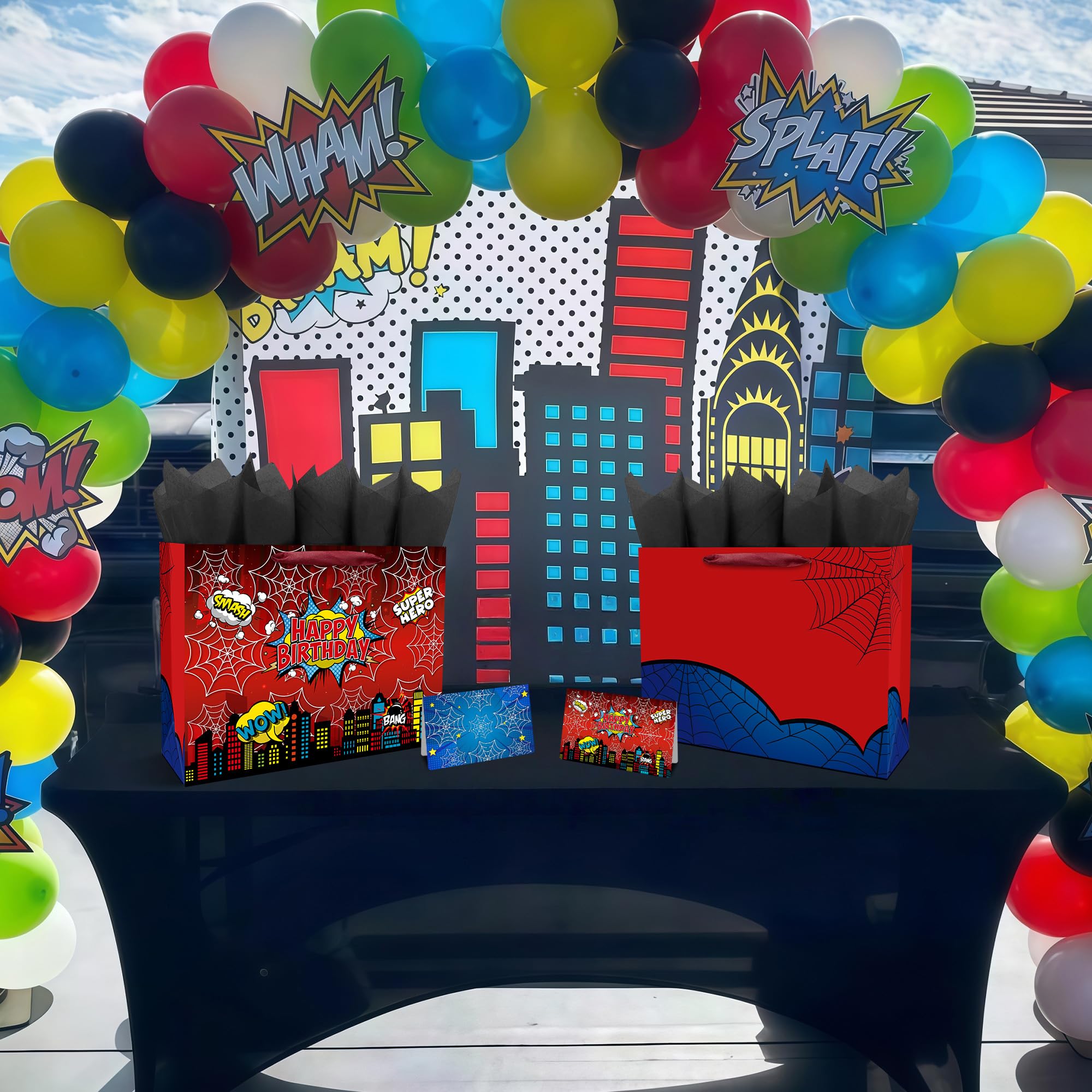 Caoekego 13" Large Spider Gift Bag (includes cards, colored paper, and stickers), Superhero Tote Gift Bag, Cartoon Spider Birthday Party Supplies