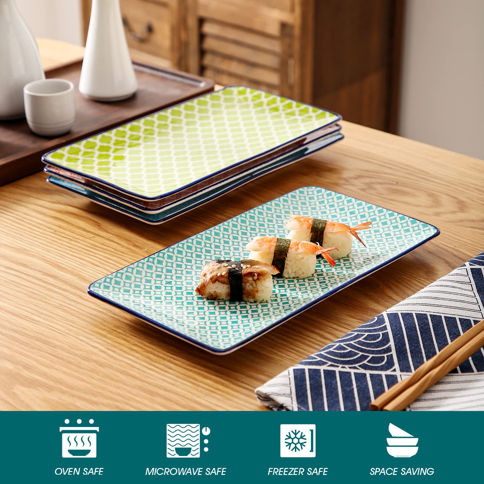 vancasso Serie Macaron, Juego de Sushi 4 Piezas Platos Rectángulo Platos Llanos, Japonés Platos servicio para Sushi, Postre, Tarta