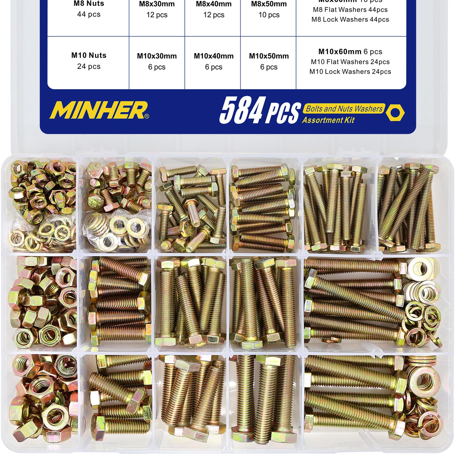 MINHER 584 pieza M6 M8 M10 de Tornillos Hexagonales y Juego de Tuercas y Arandelas, Acero Aleado Galvanizado de Grado 8,8