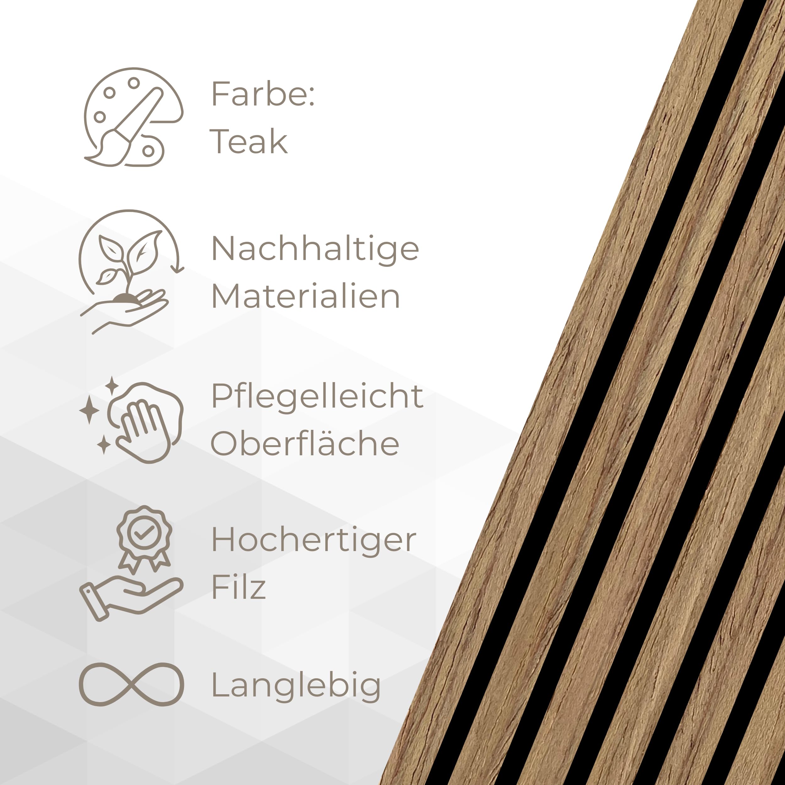 Akustikpaneel mit Holzfurnier in Bright Teak - 2700x600 mm - mit PET-Filz - 1 Stück