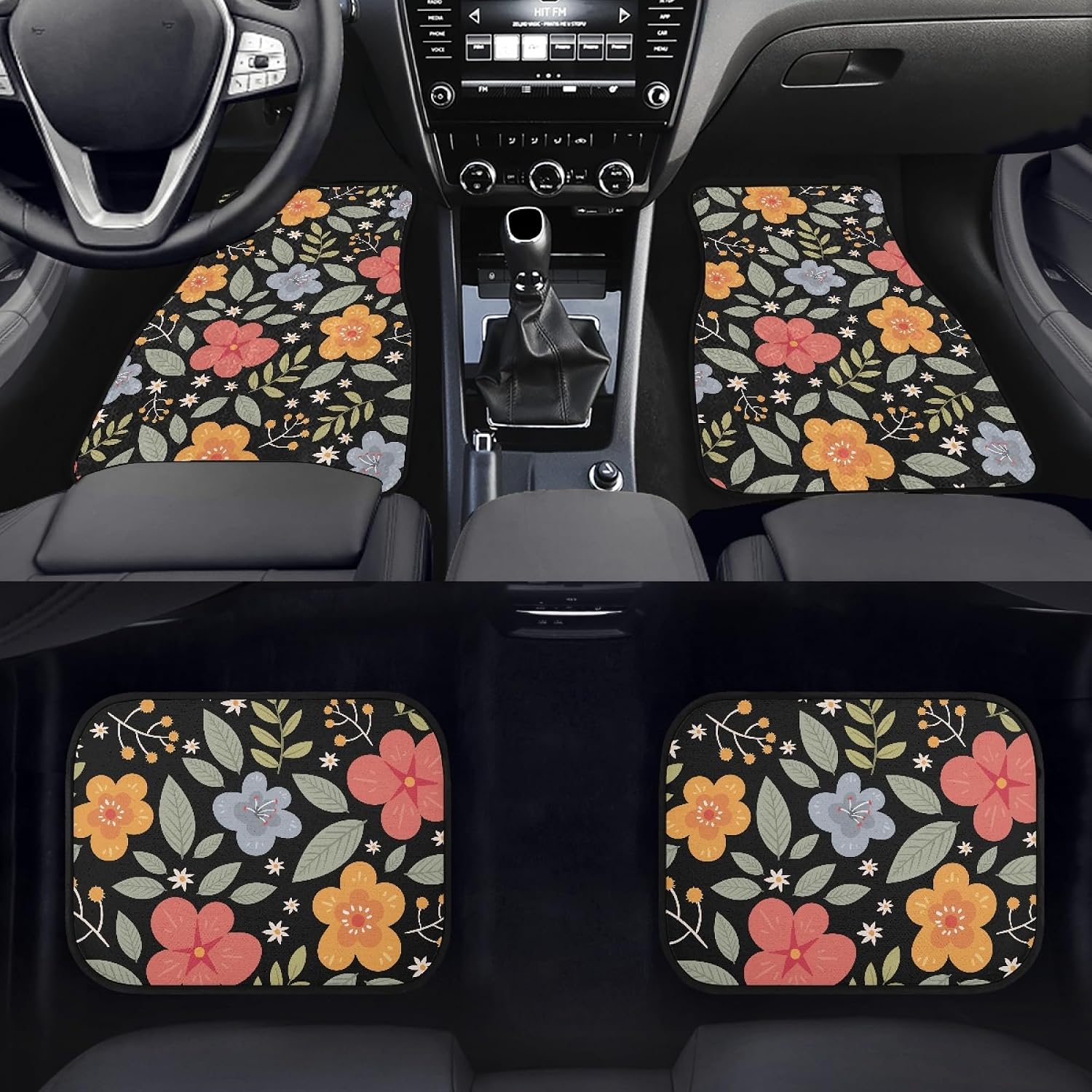 Colorful Flowers Floor Mats for Cars Universal Cute Spring Wildflowers and Leaves Summer Design Car Floor Mats Full Set Front Rear Foot Carpet All Weather Fit Auto Accessories for Trucks image 2