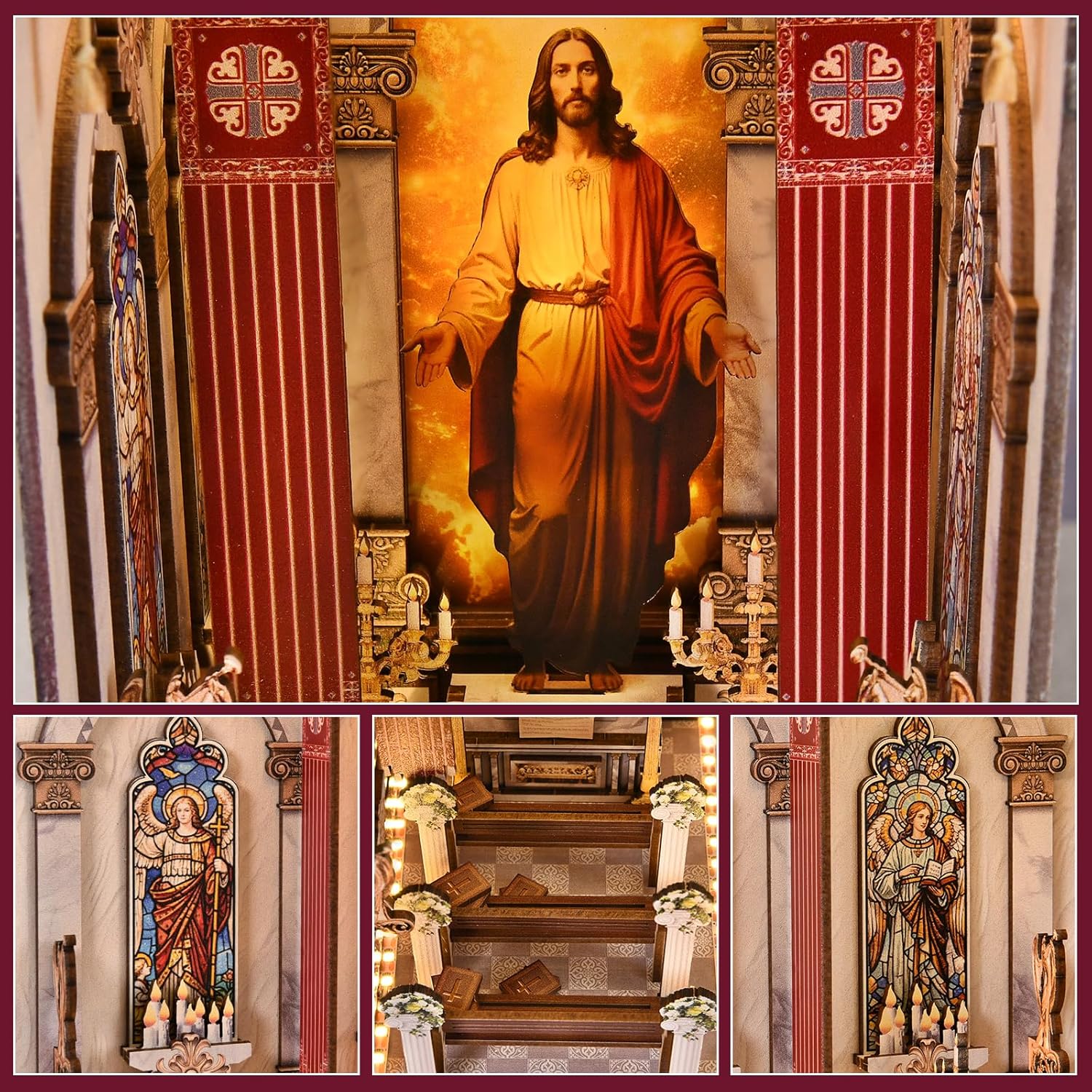 Book Nook DIY Kit,3D Wooden Puzzle with LED Bookend Bookshelf Decoration,Miniature Doll House for Home Decor, Jesus Christ Spiritual Gift,Cathedral