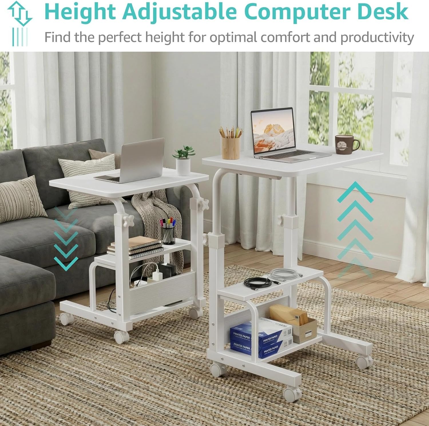 Small Bedroom Laptop Rolling Desk - 24" White Mobile Standing Desk with Wheels for Small Spaces, Height Adjustable C Shaped Side Table with 2-Tier Storage Shelves