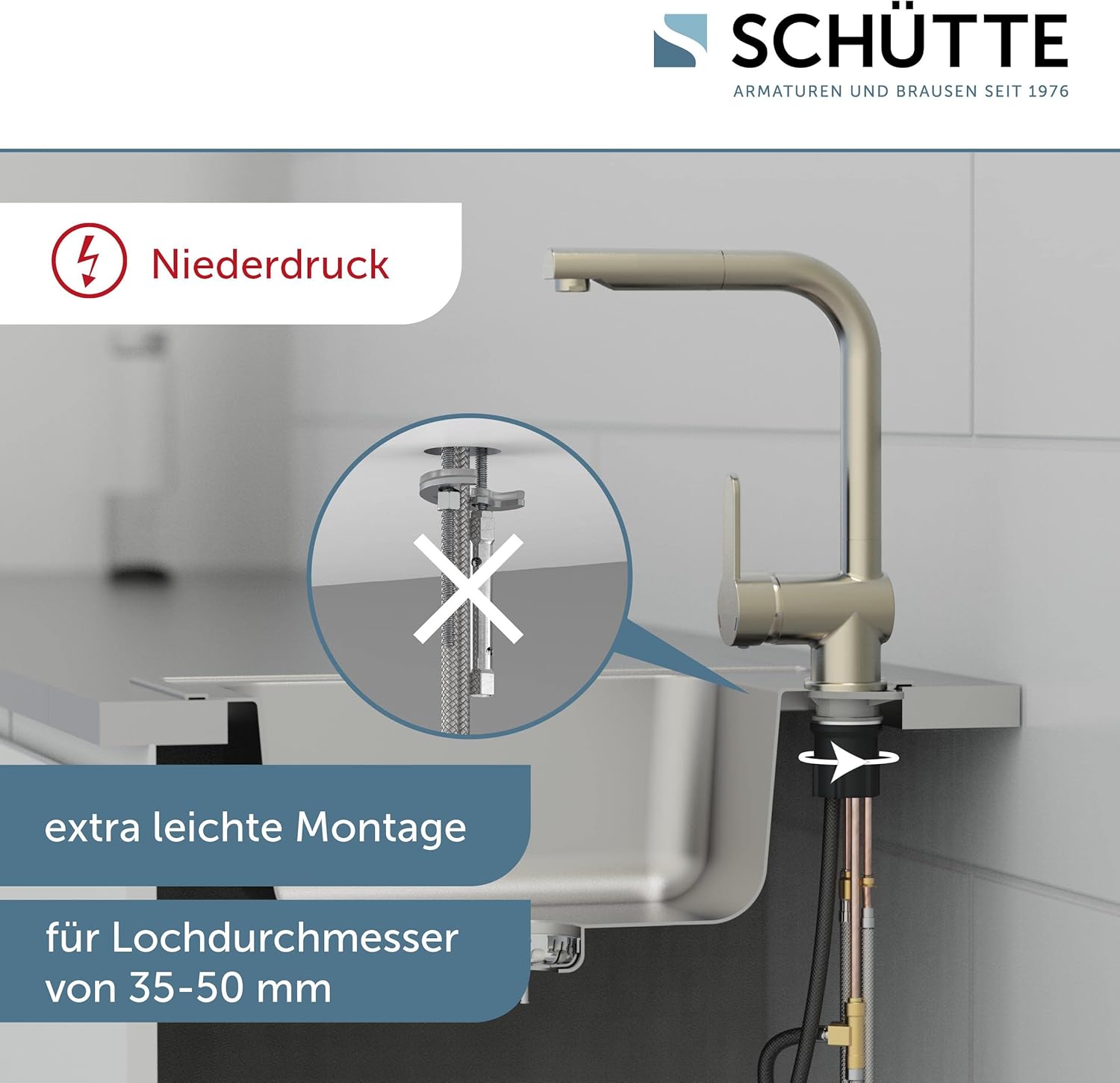 Installation diagram for Schütte London 79729 low-pressure faucet