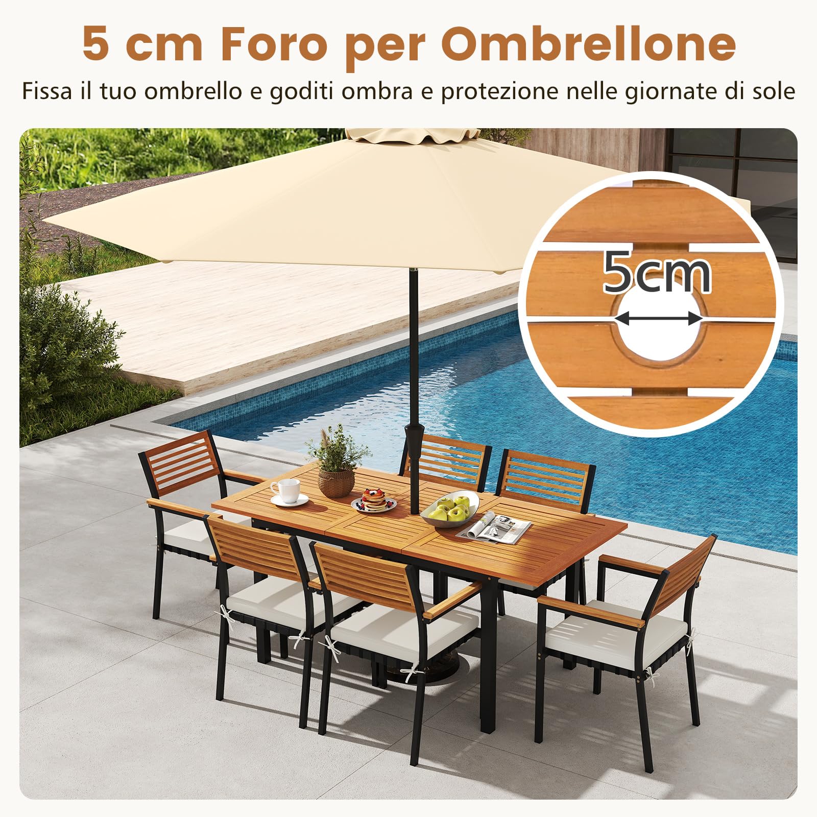 COSTWAY Tavolo Allungabile e 6 Sedie da Esterno, Pranzo da Giardino in Legno Massello, Tavolo con Foro per Ombrellone e Poltrone con Cuscini, Schienale e Braccioli, per Balcone e Cortile