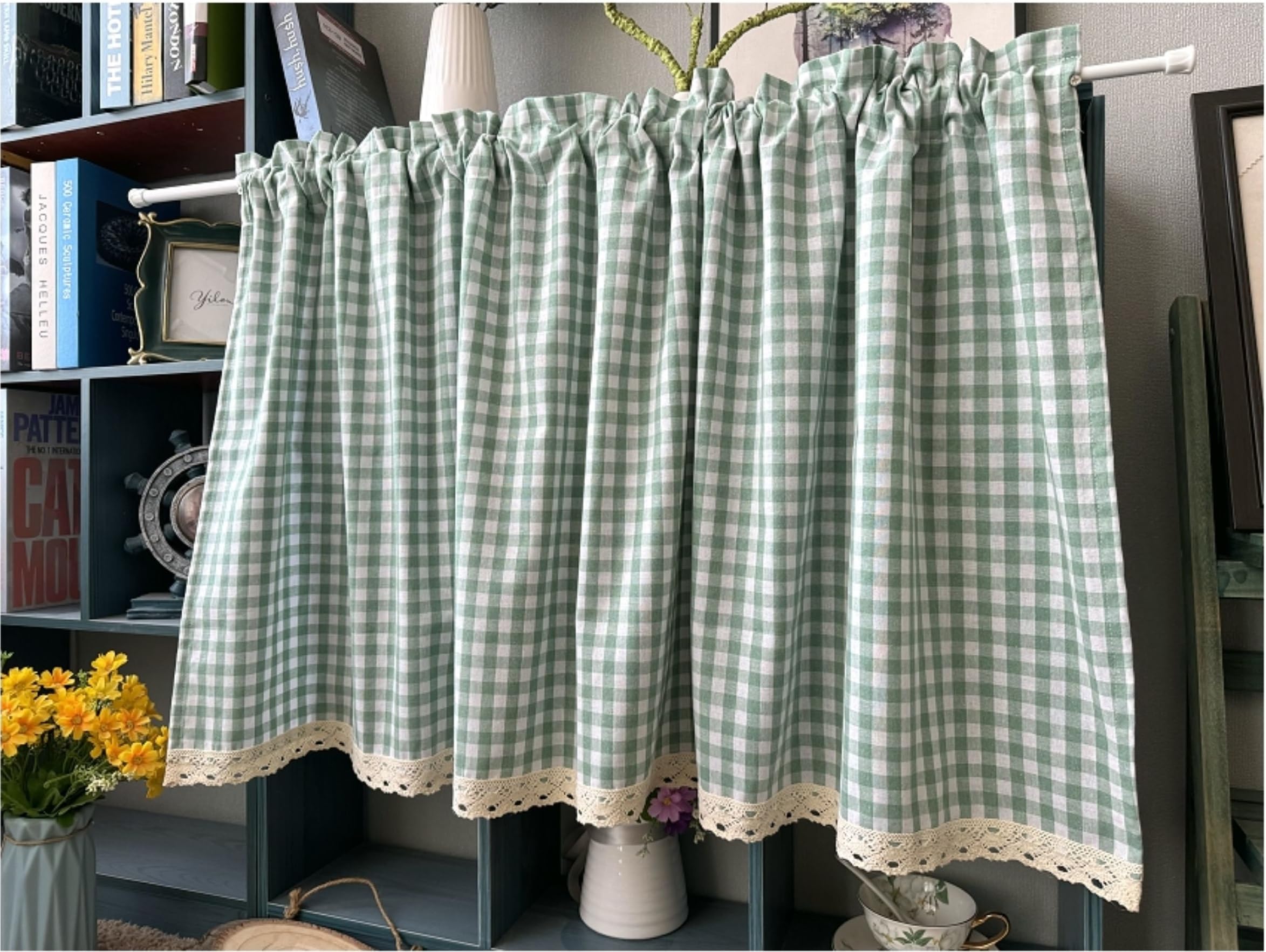 izielad Green Buffalo Plaid Cafe Farmhouse Kitchen Curtain Gingham Check Half Window Short Curtain for Kitchen Bathroom 65(W) x80cm(H) 25.6(W) X31.5INCH(H)